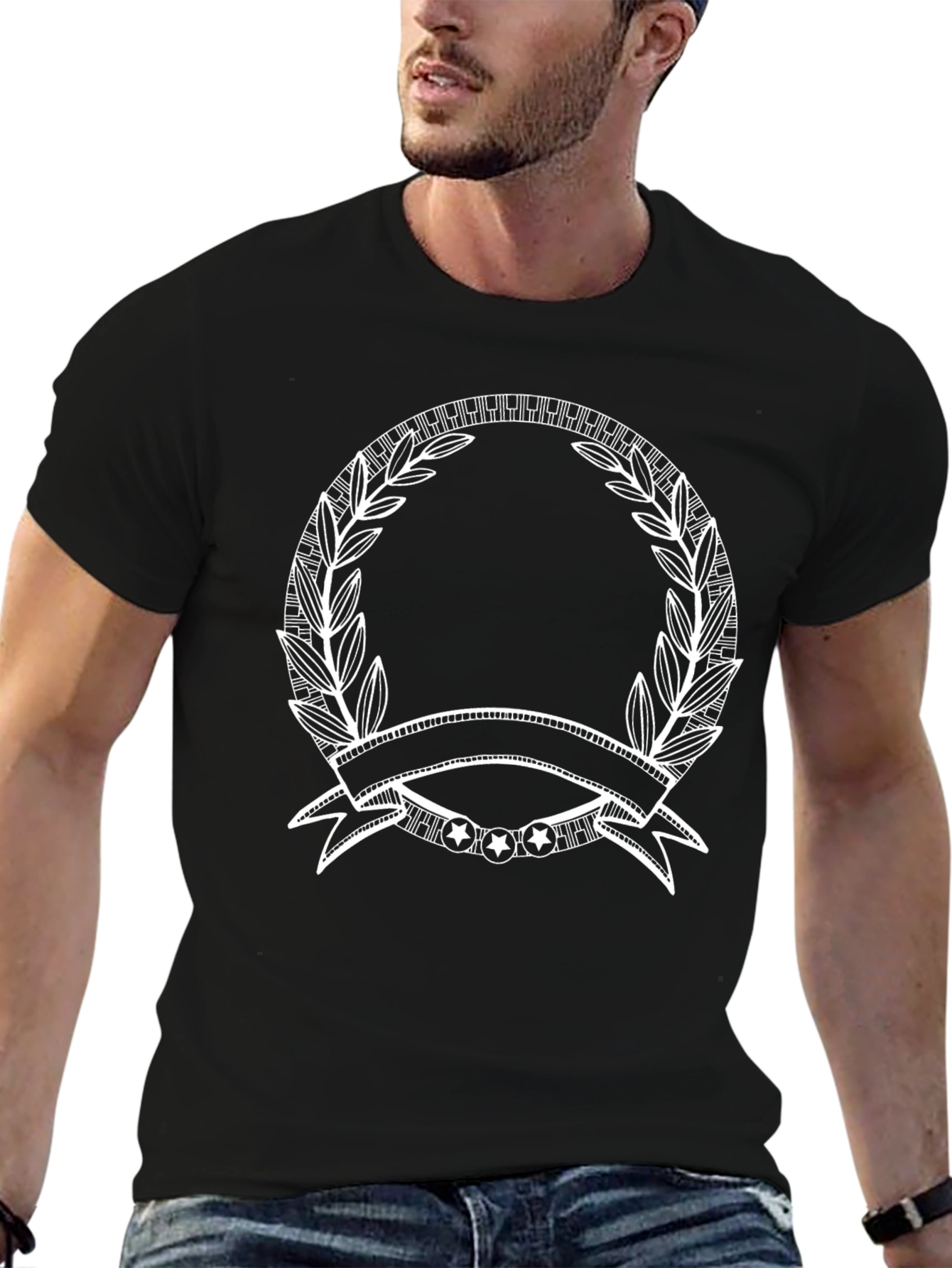 Black T-Shirt with Laurel Wreath Banner Graphic