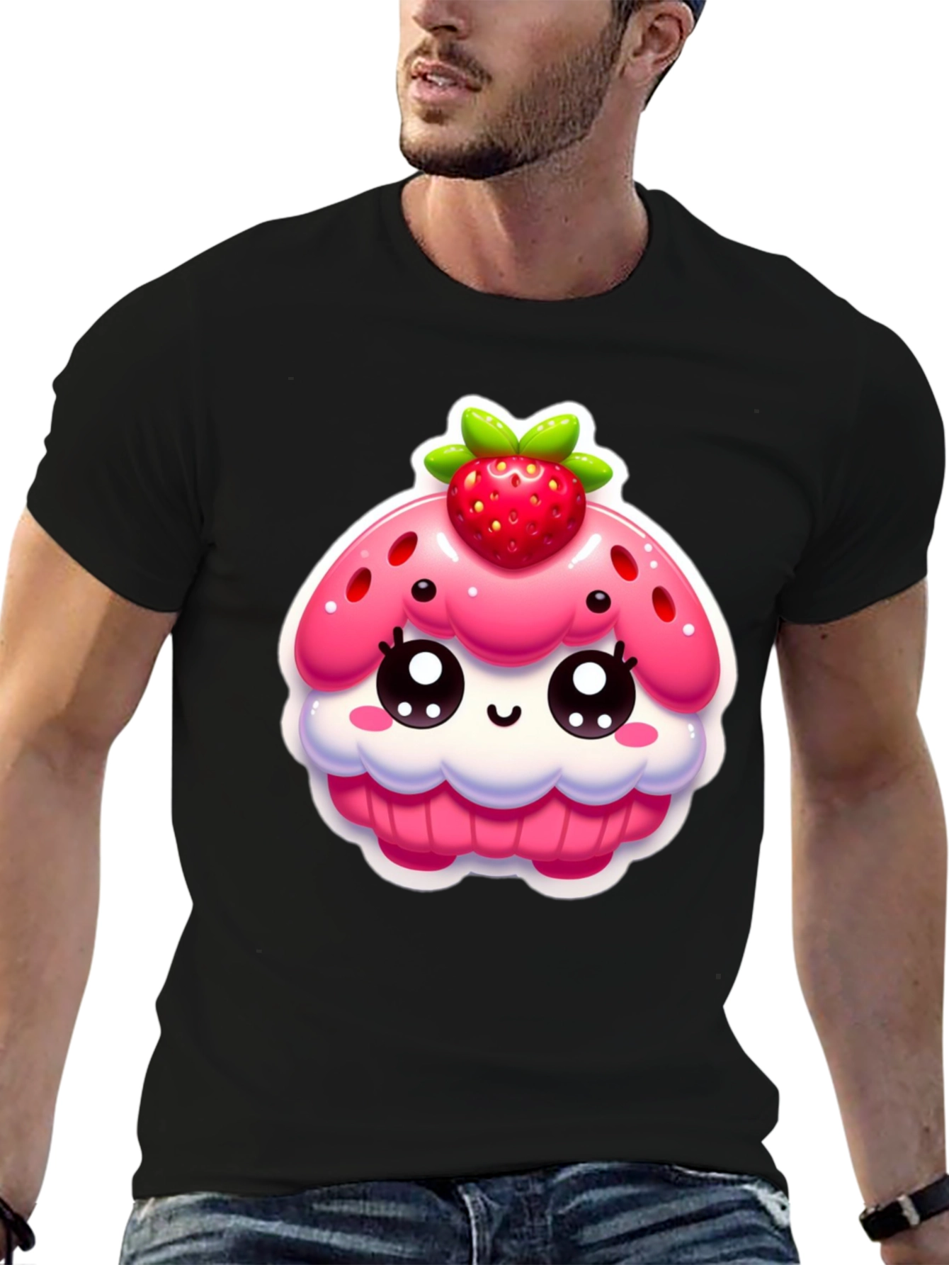 Kawaii Strawberry Cupcake Graphic Tee - Black