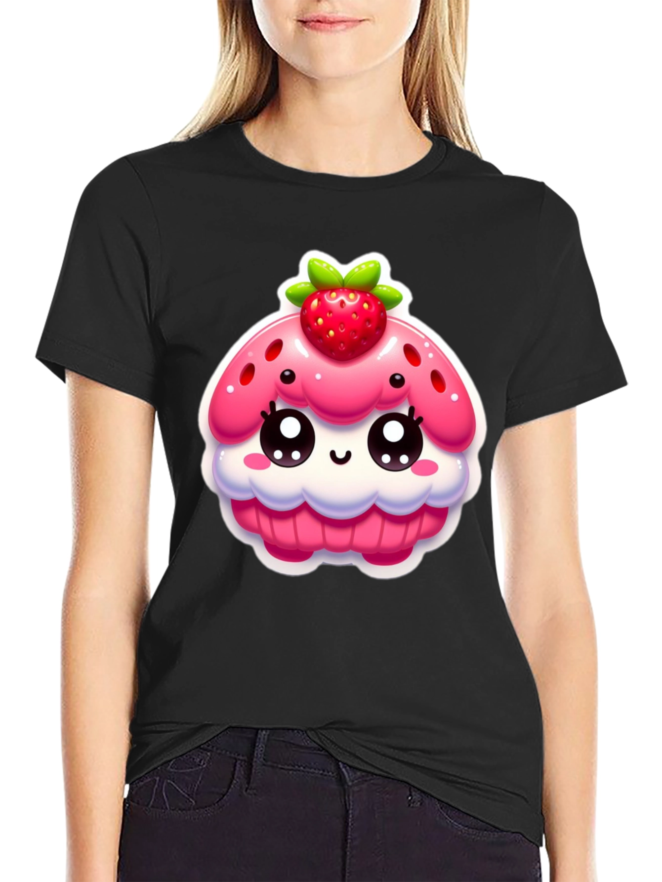 Kawaii Strawberry Cupcake Graphic Tee - Black