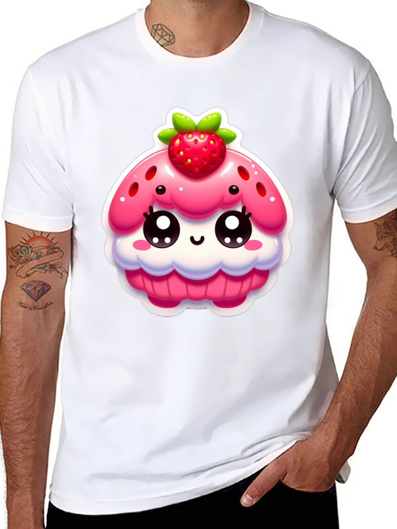 Kawaii Strawberry Cupcake Graphic Tee - Black