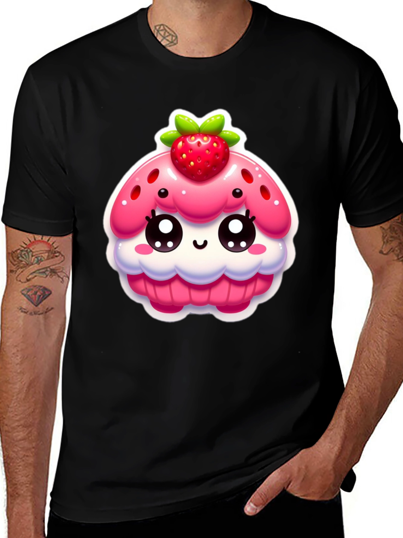 Kawaii Strawberry Cupcake Graphic Tee - Black
