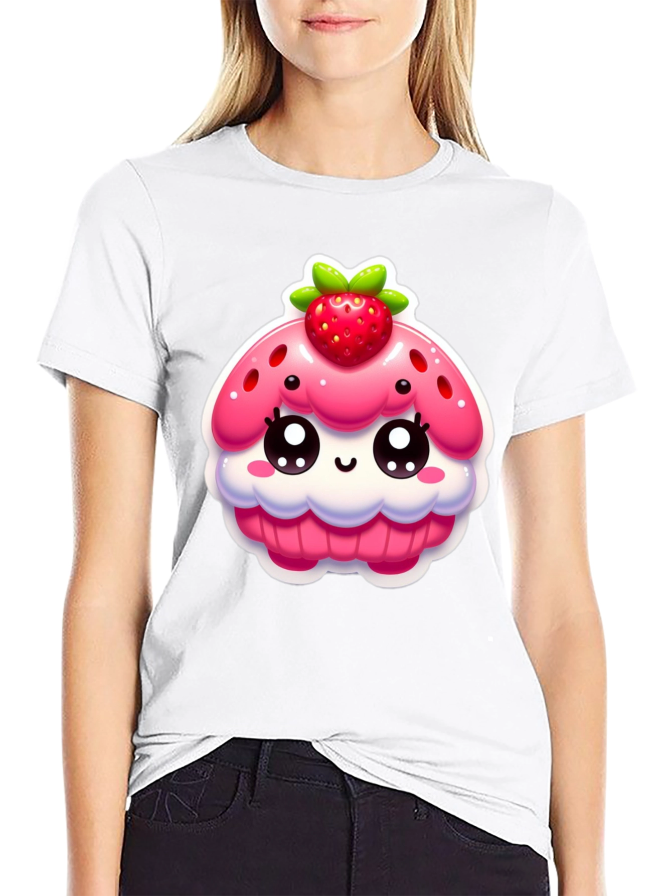Kawaii Strawberry Cupcake Graphic Tee - Black