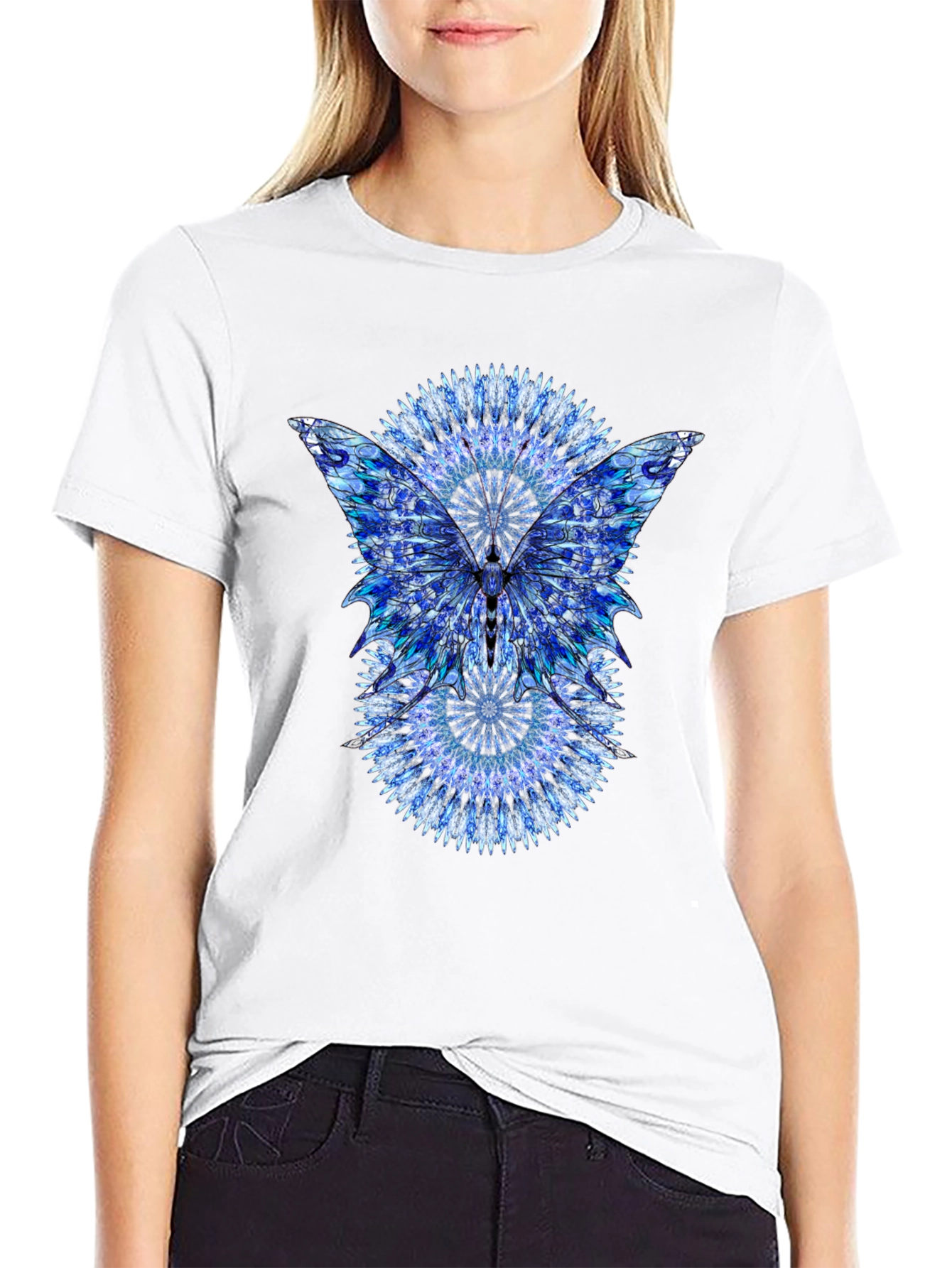Blue Mandala Butterfly Graphic Print Black T-Shirt