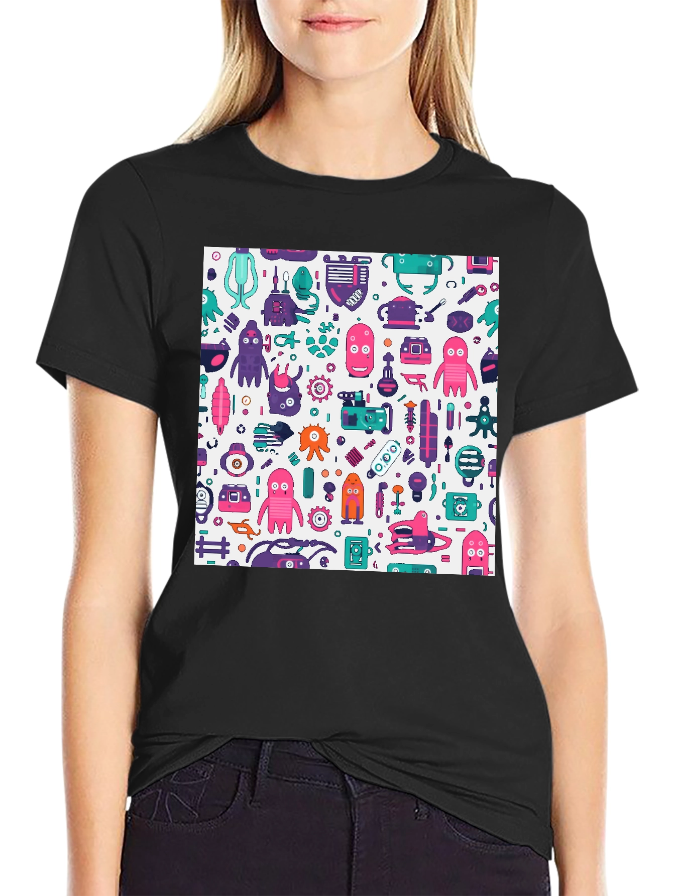 Funky Robot Print Black T-Shirt