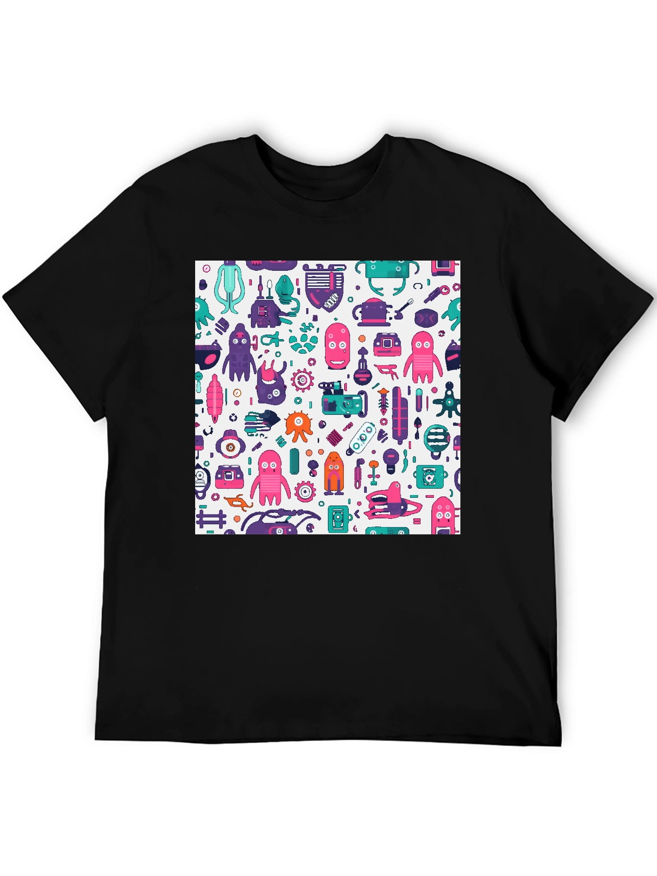 Funky Robot Print Black T-Shirt