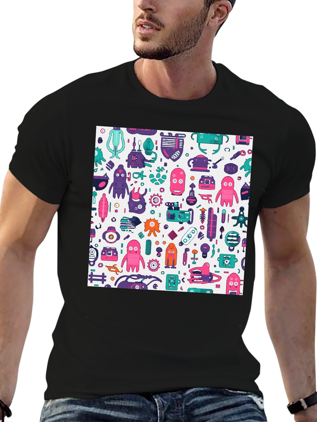 Funky Robot Print Black T-Shirt