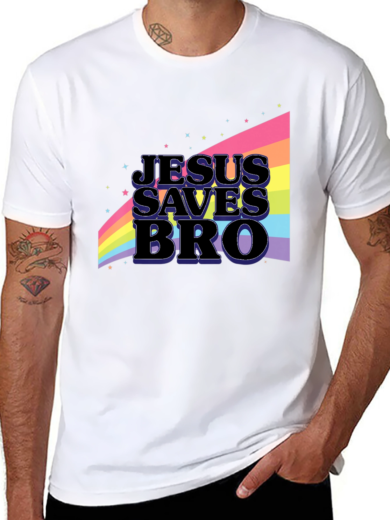 Jesus Saves Bro Rainbow Graphic T-Shirt