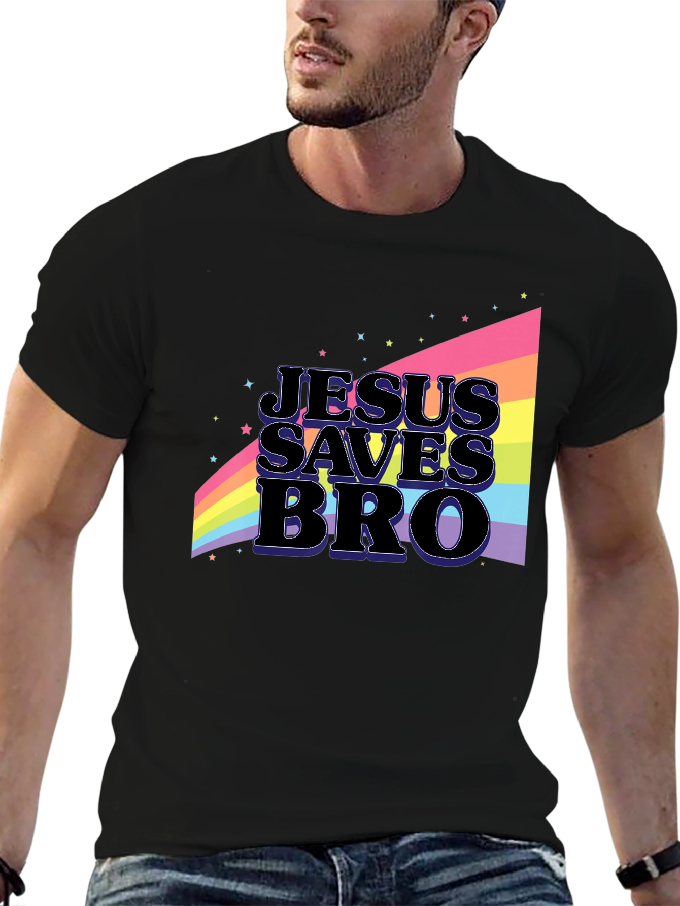 Jesus Saves Bro Rainbow Graphic T-Shirt