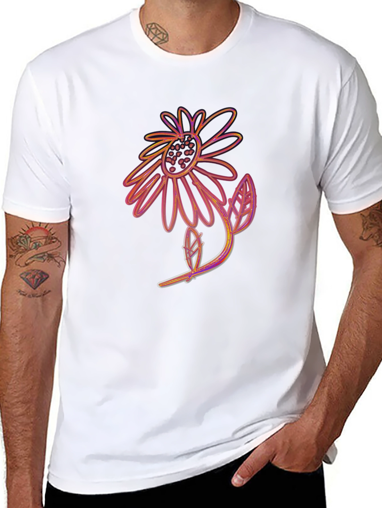 Black T-Shirt with Artistic Flower Print