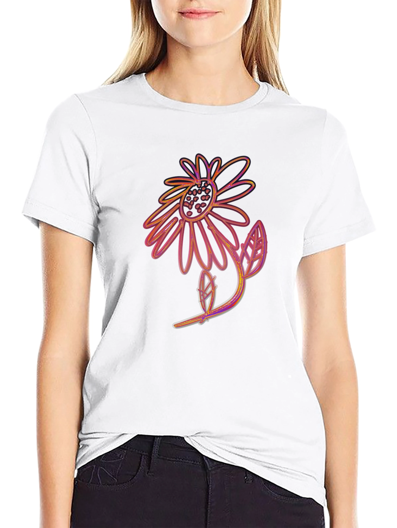 Black T-Shirt with Artistic Flower Print
