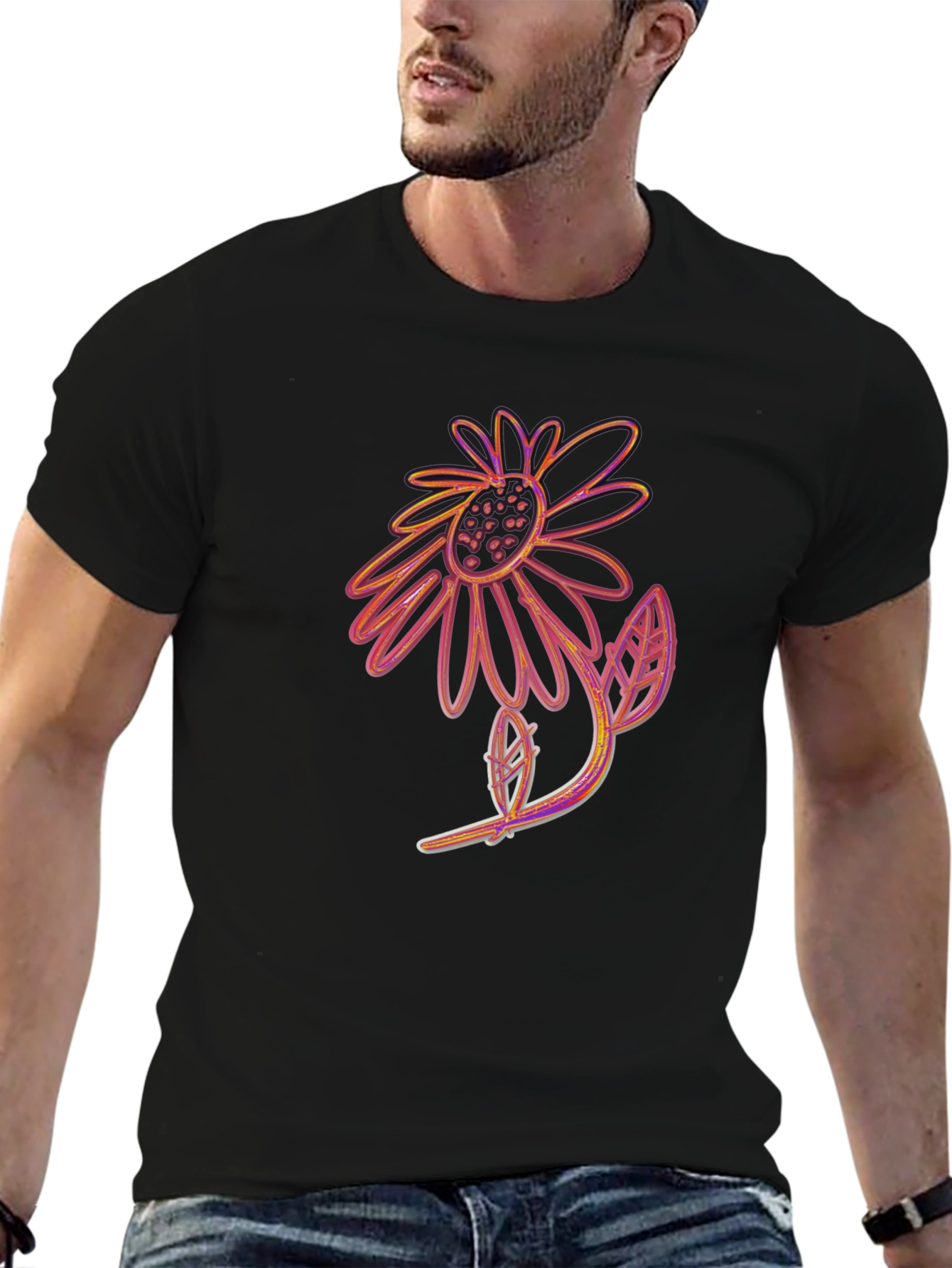Black T-Shirt with Artistic Flower Print