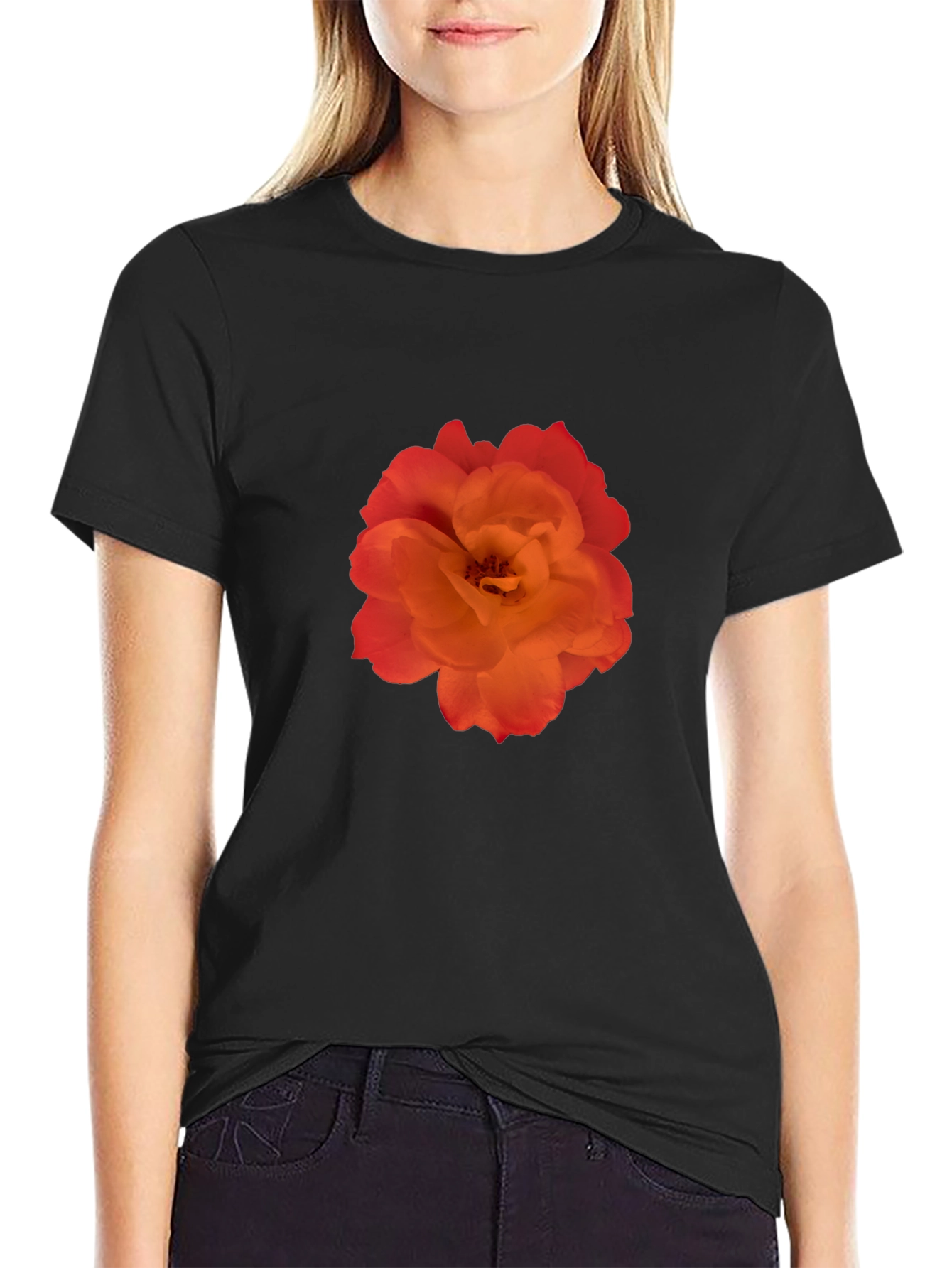 Orange Rose Graphic Black T-Shirt