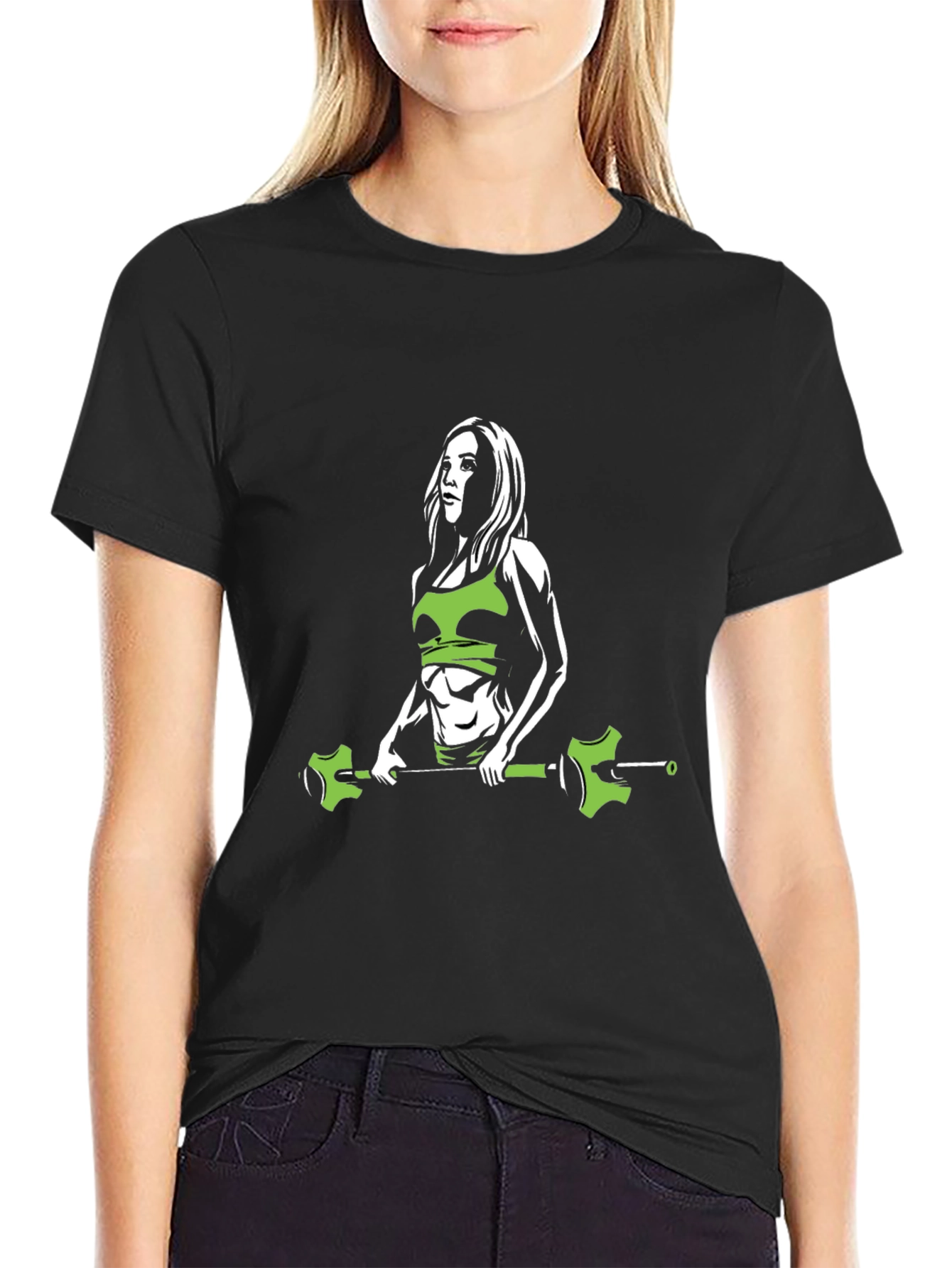Fitness Woman Barbell Black T-Shirt Gym Workout