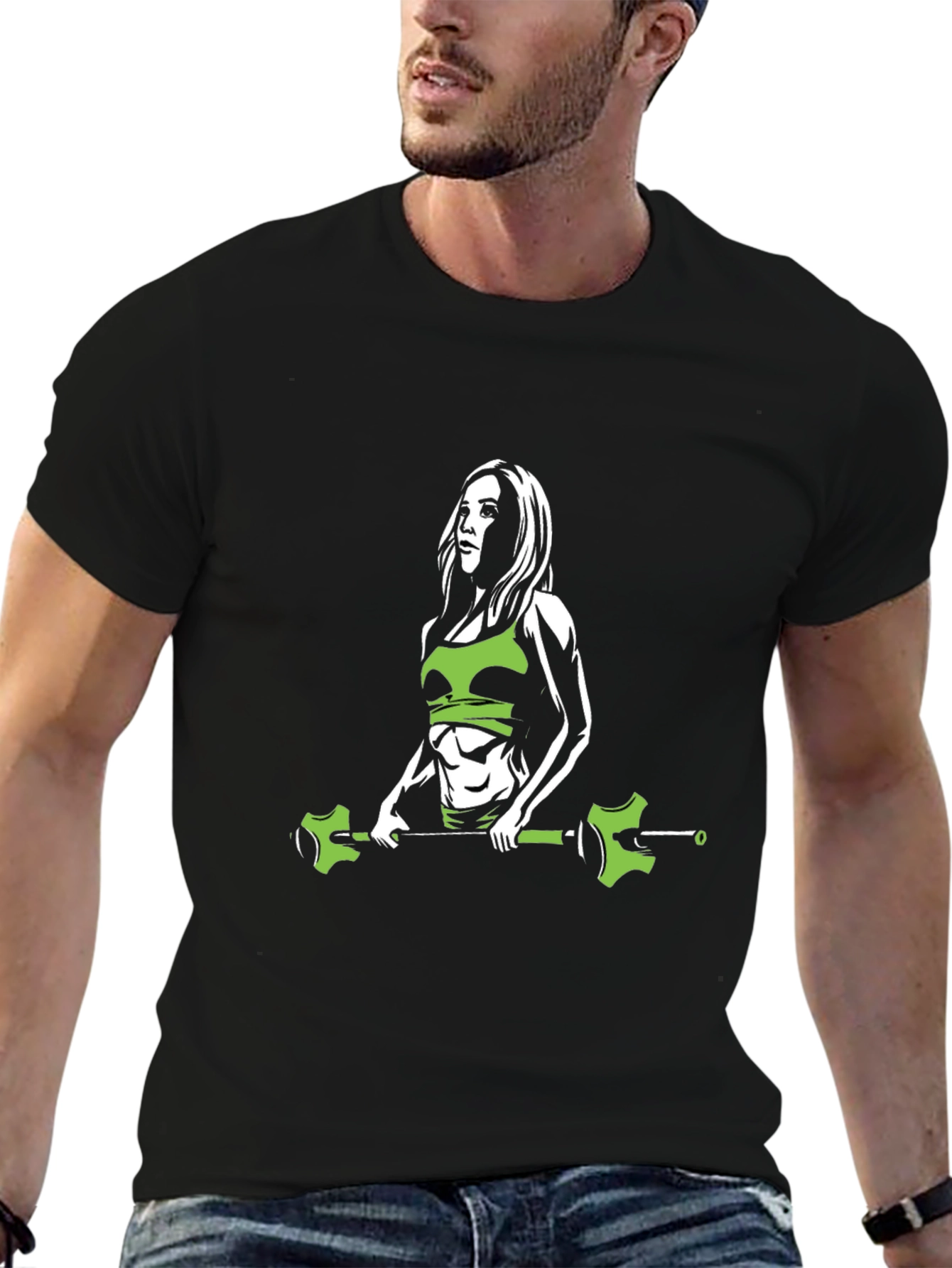 Fitness Woman Barbell Black T-Shirt Gym Workout