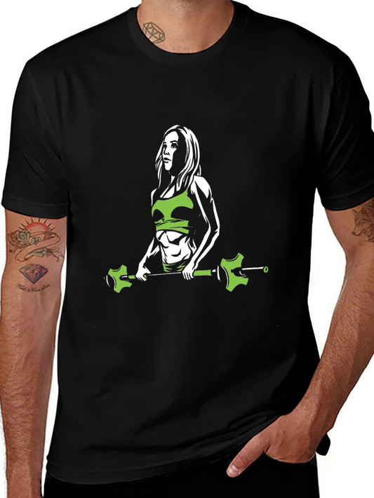 Fitness Woman Barbell Black T-Shirt Gym Workout