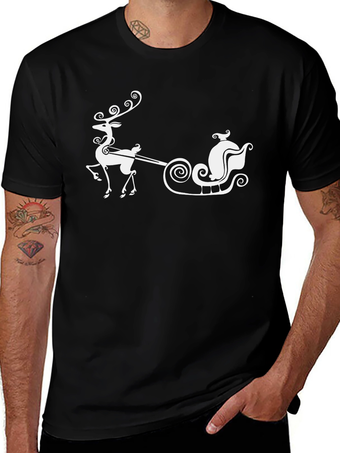 Festive Reindeer & Sleigh Graphic Tee - Black