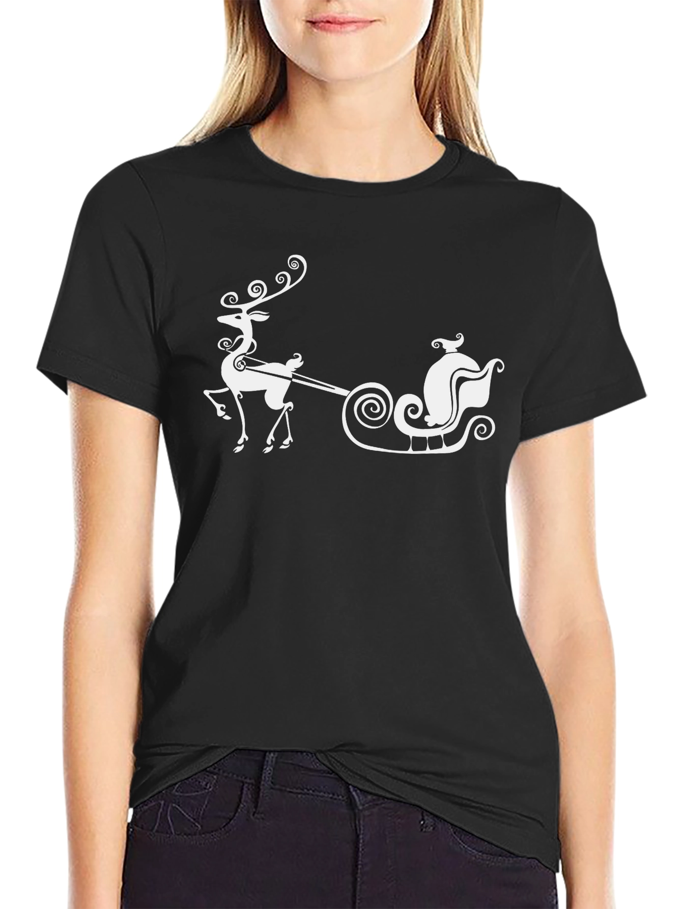 Festive Reindeer & Sleigh Graphic Tee - Black