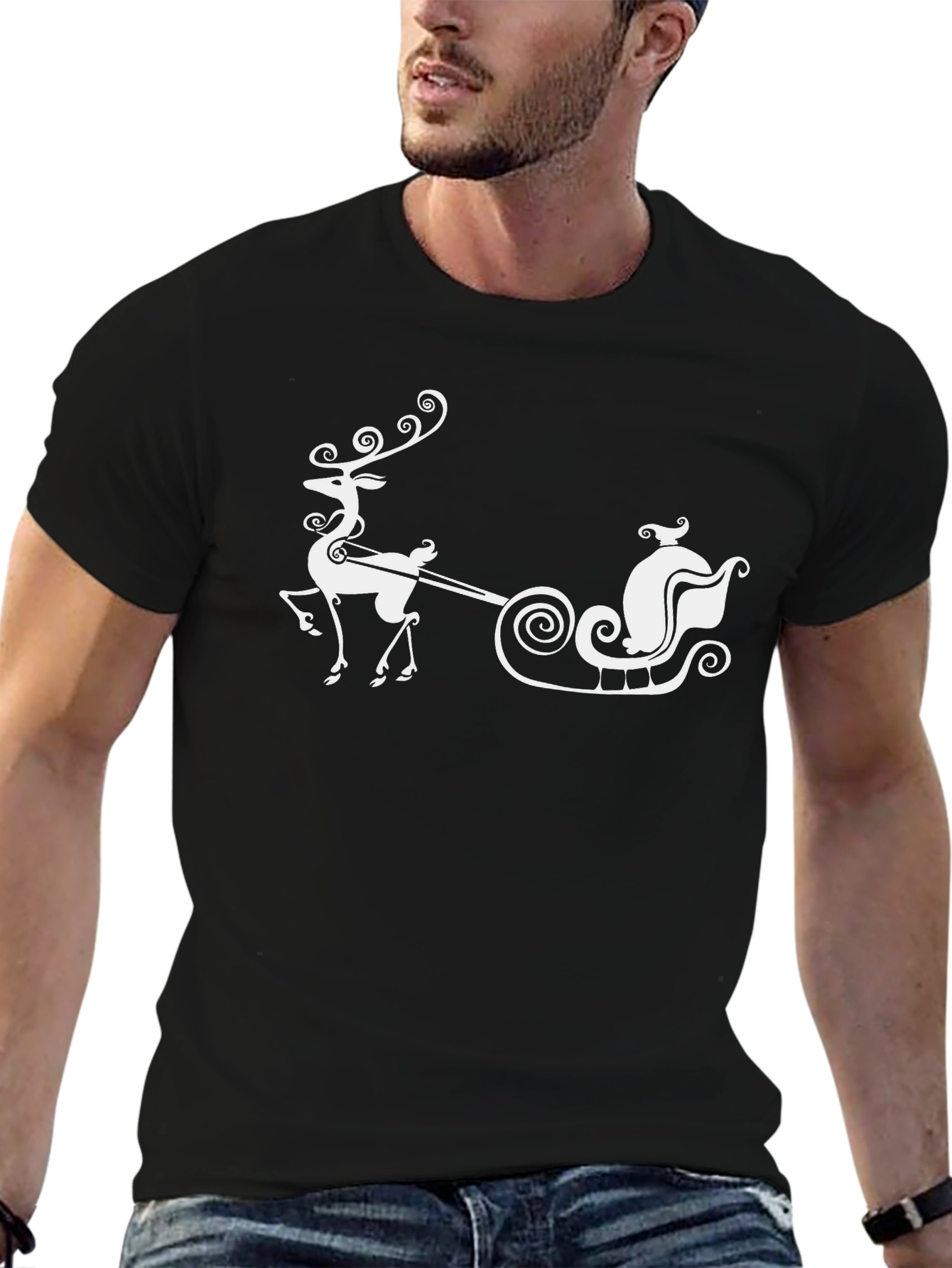 Festive Reindeer & Sleigh Graphic Tee - Black