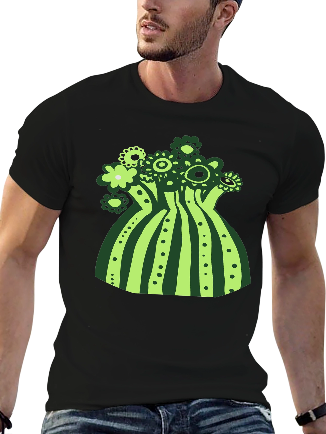 Funky Floral Graphic Tee - Black Cotton T-Shirt