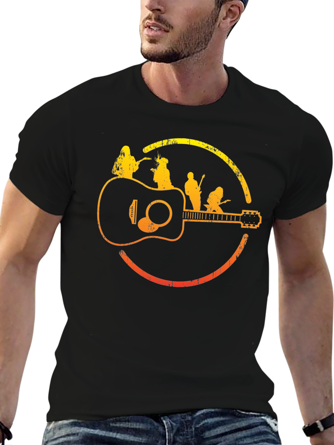 Band on Guitar Graphic Tee - Music Lover Shirt