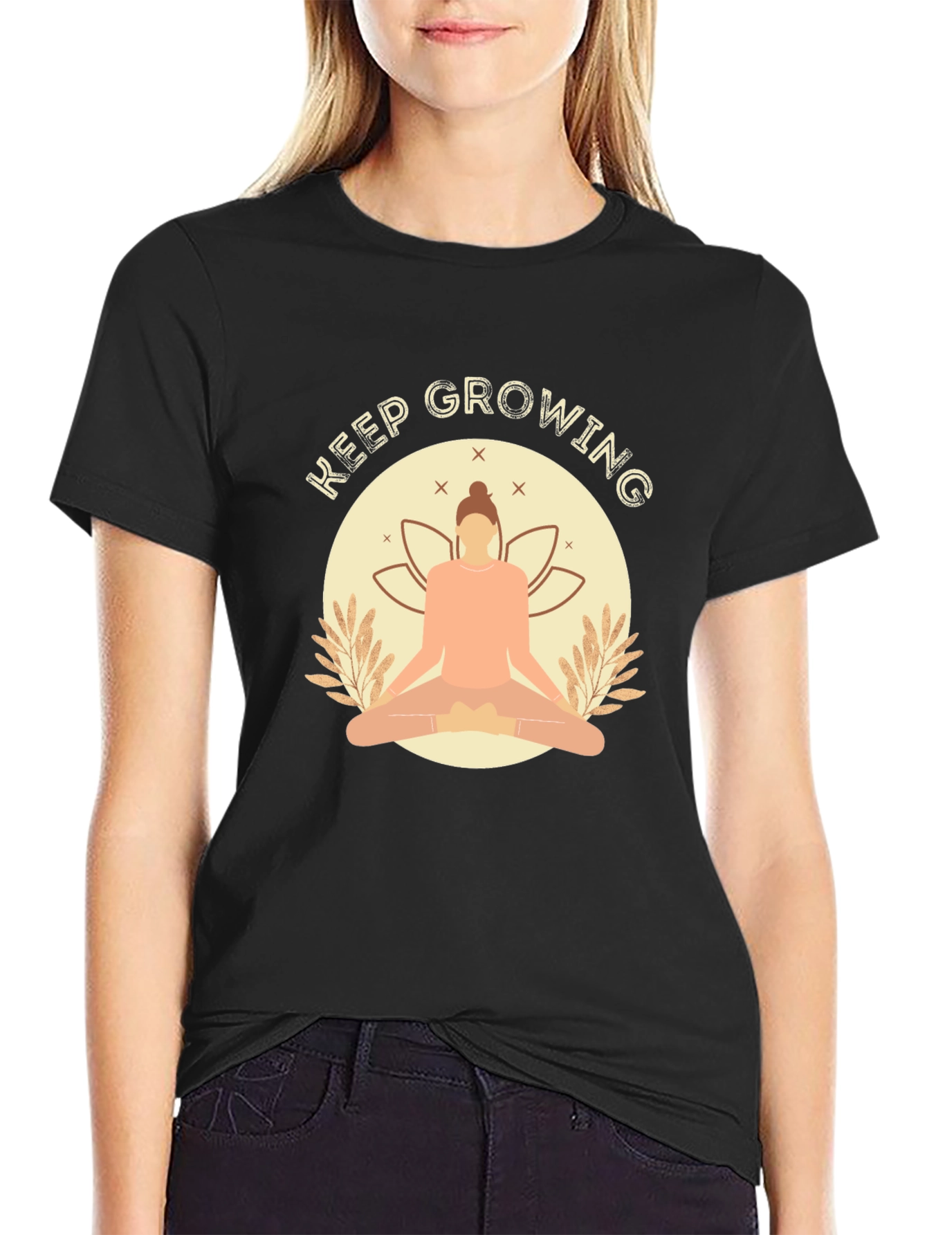 Keep Growing Black T-Shirt with Yoga Design
