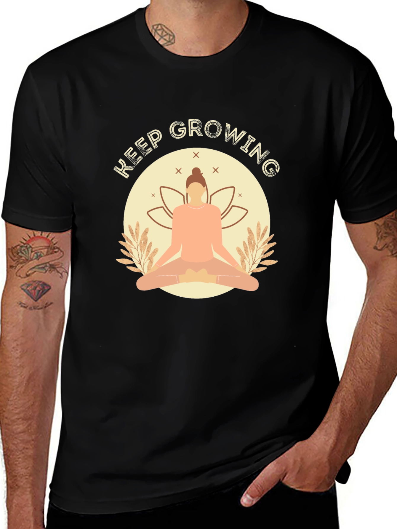 Keep Growing Black T-Shirt with Yoga Design