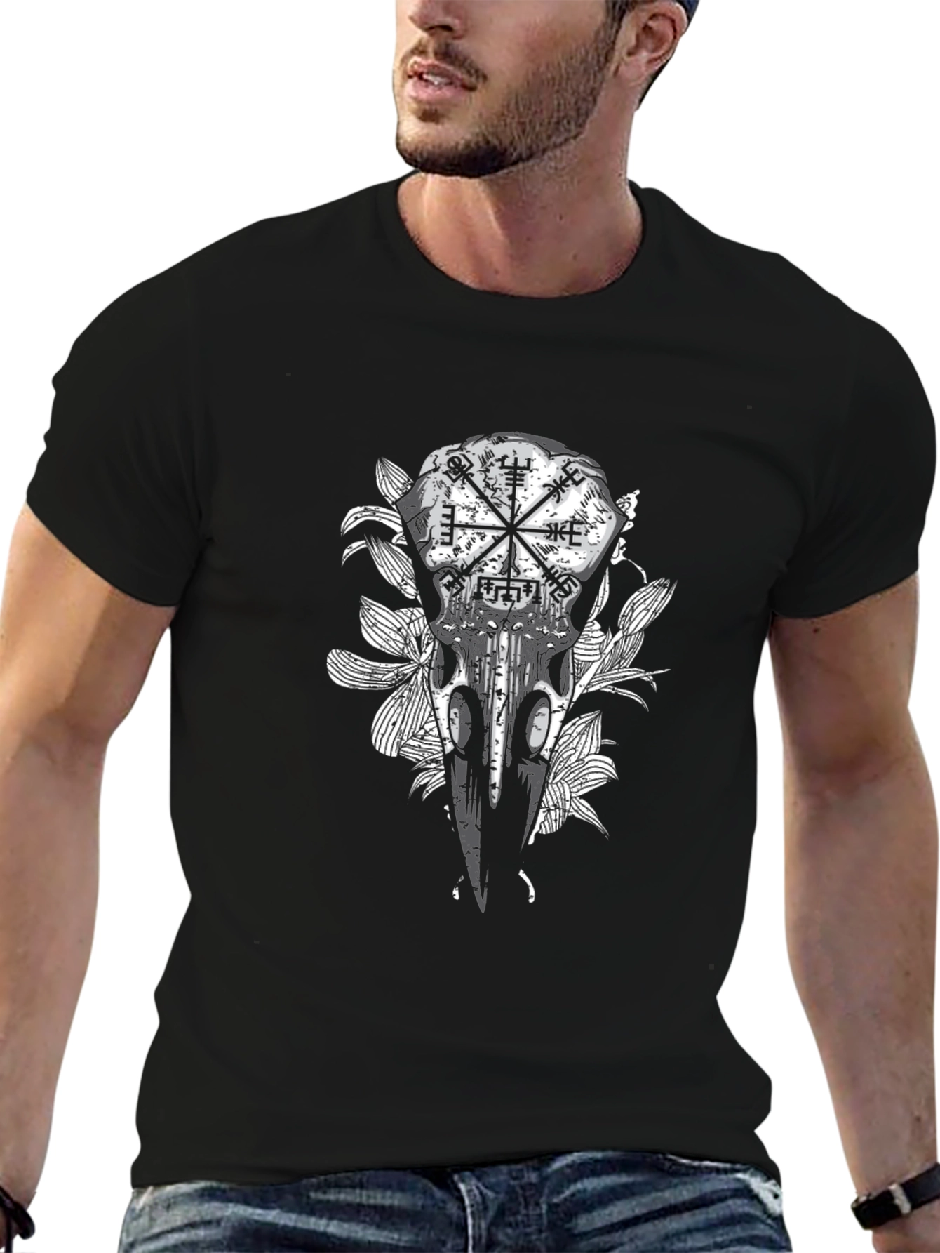 Raven Skull & Vegvisir Black Graphic Tee