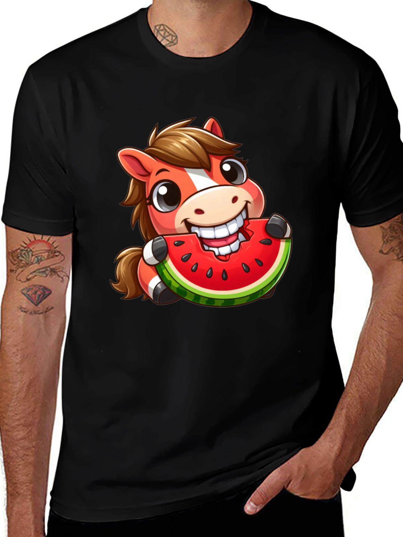 Cartoon Horse Eating Watermelon Graphic Tee