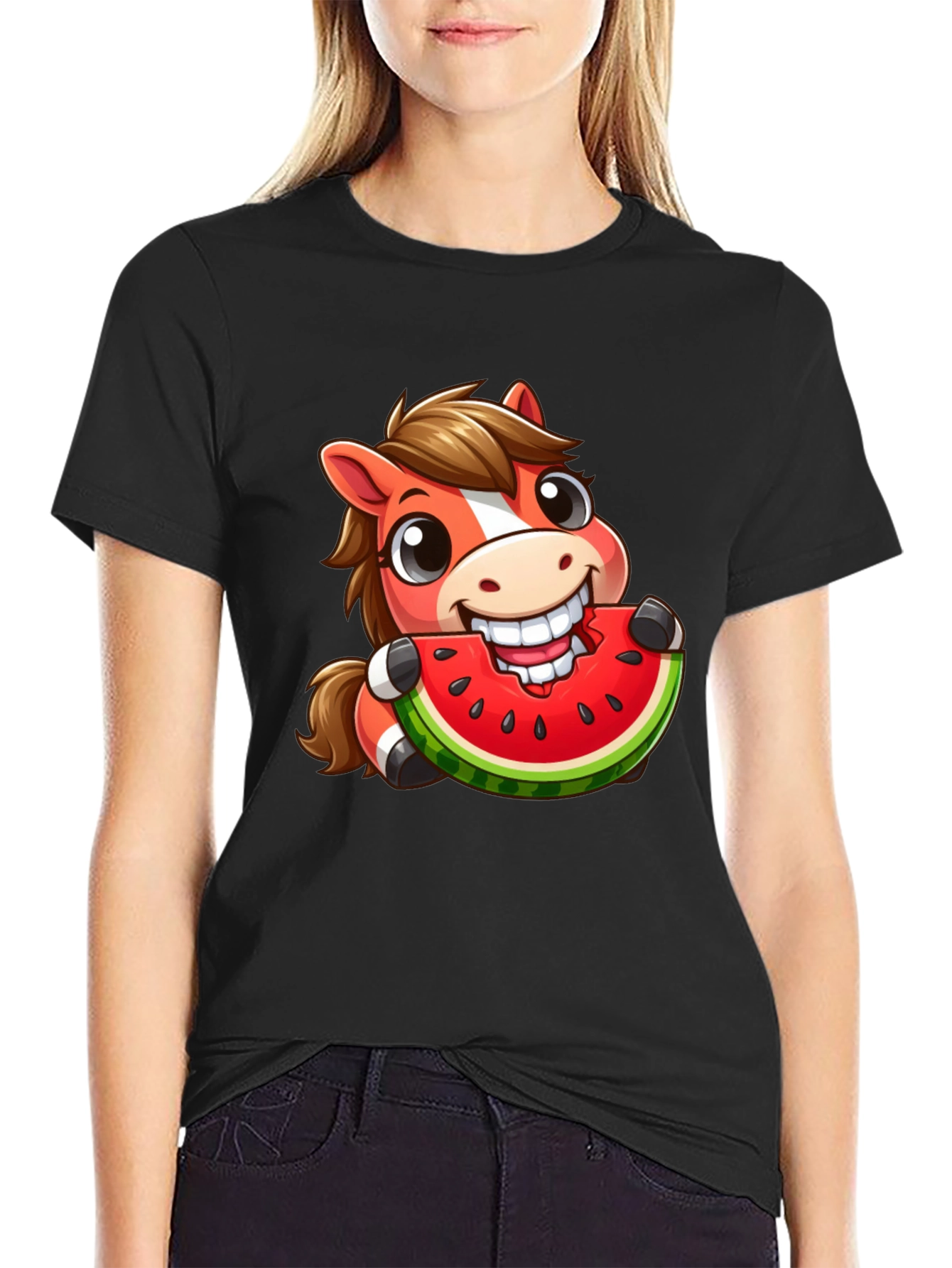 Cartoon Horse Eating Watermelon Graphic Tee
