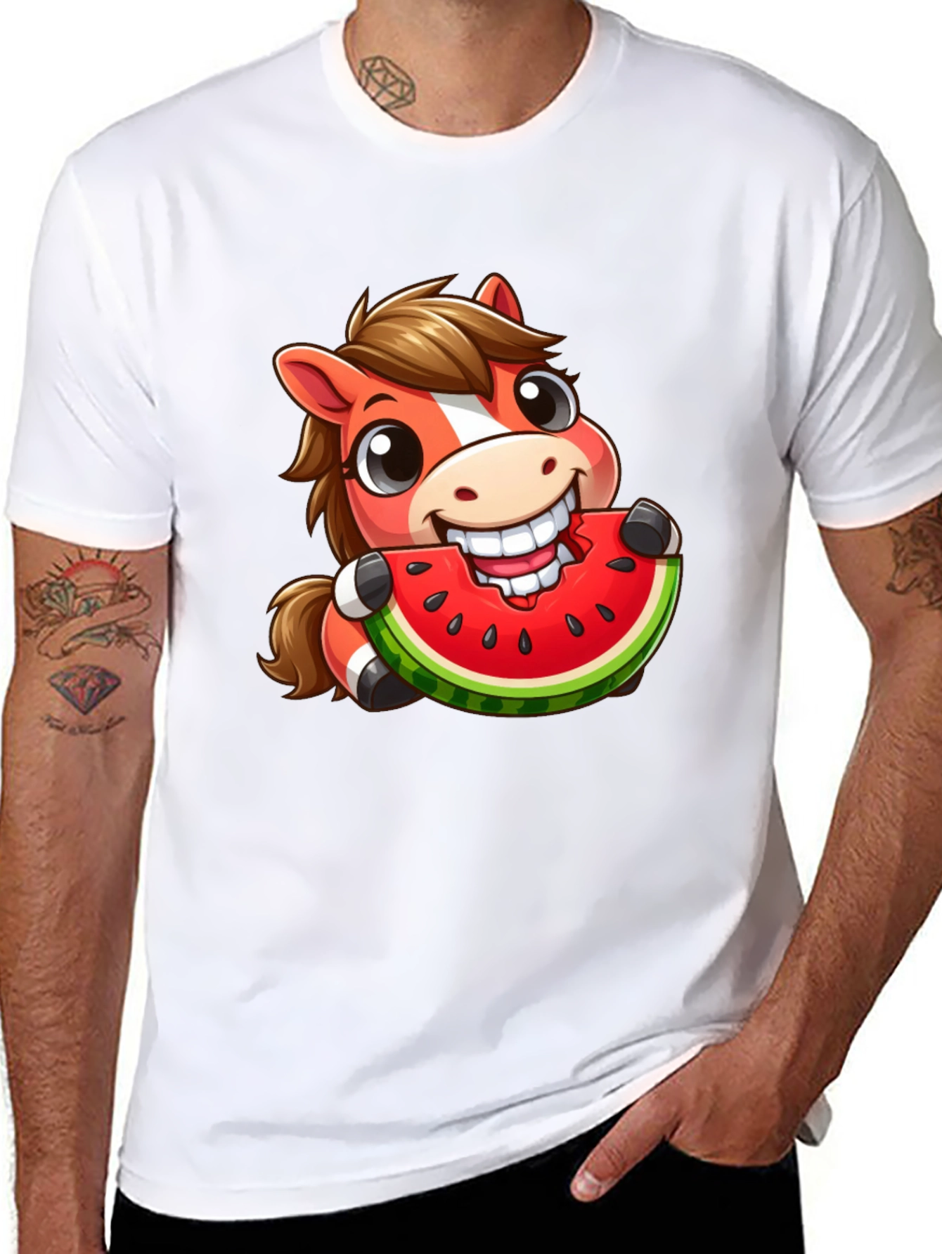 Cartoon Horse Eating Watermelon Graphic Tee