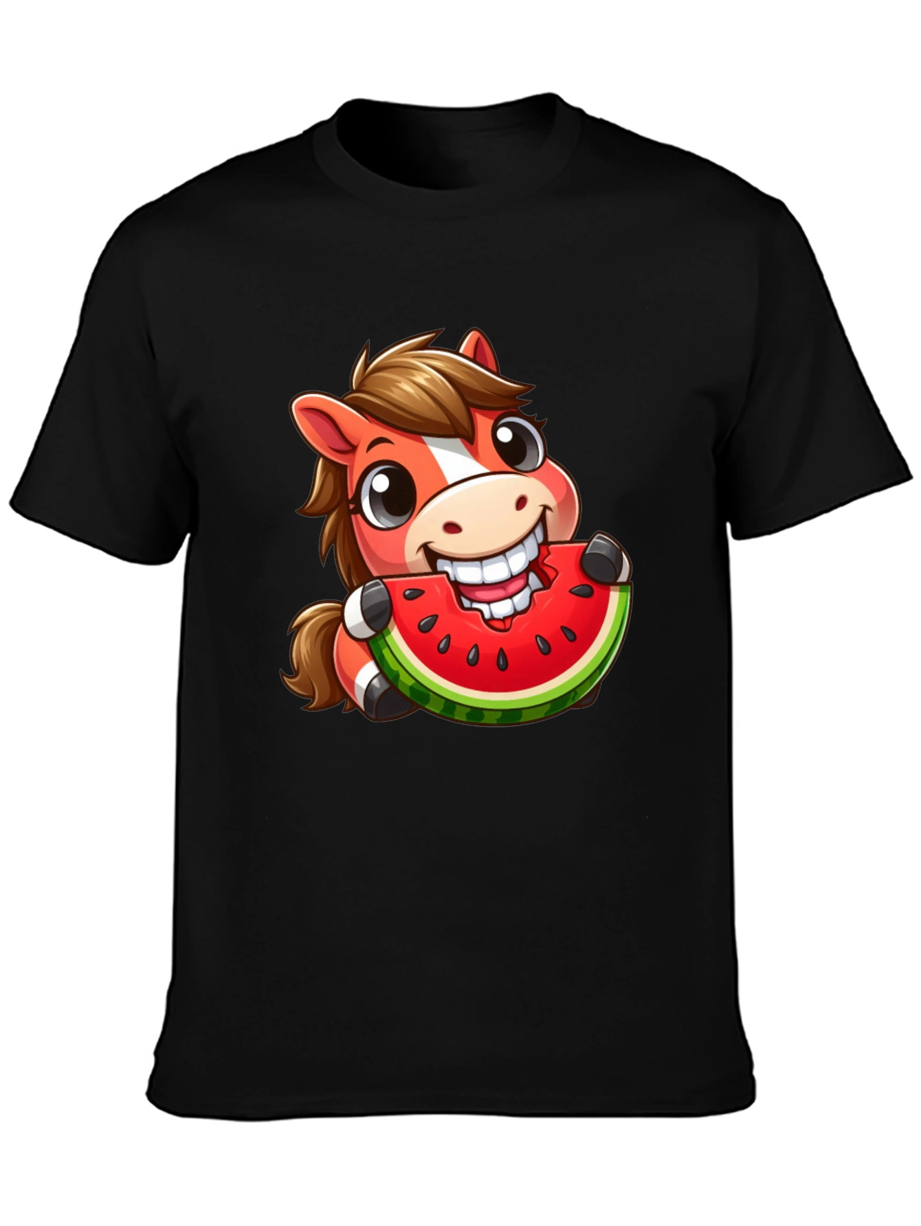 Cartoon Horse Eating Watermelon Graphic Tee