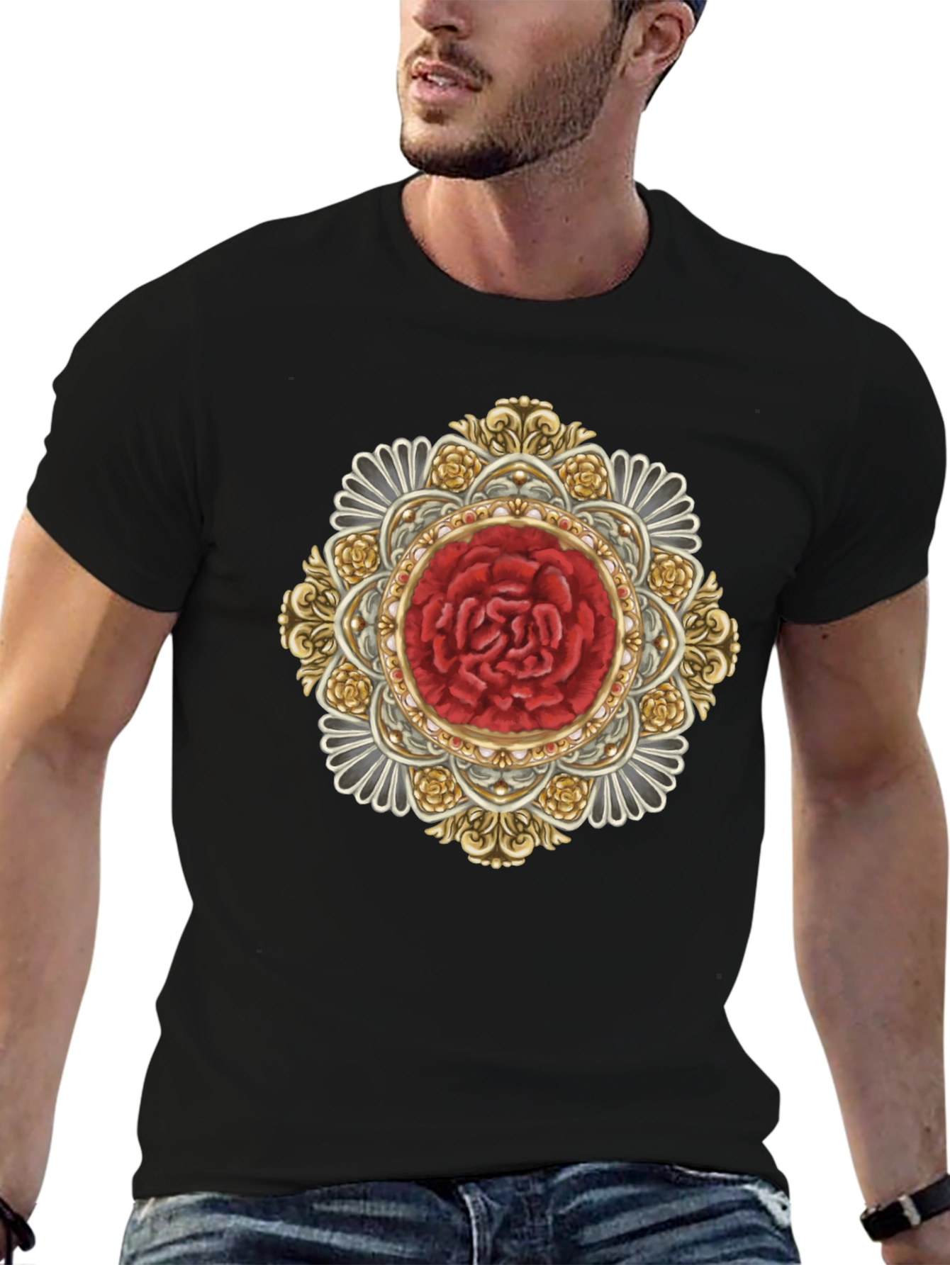 Ornate Rose Mandala Black T-Shirt