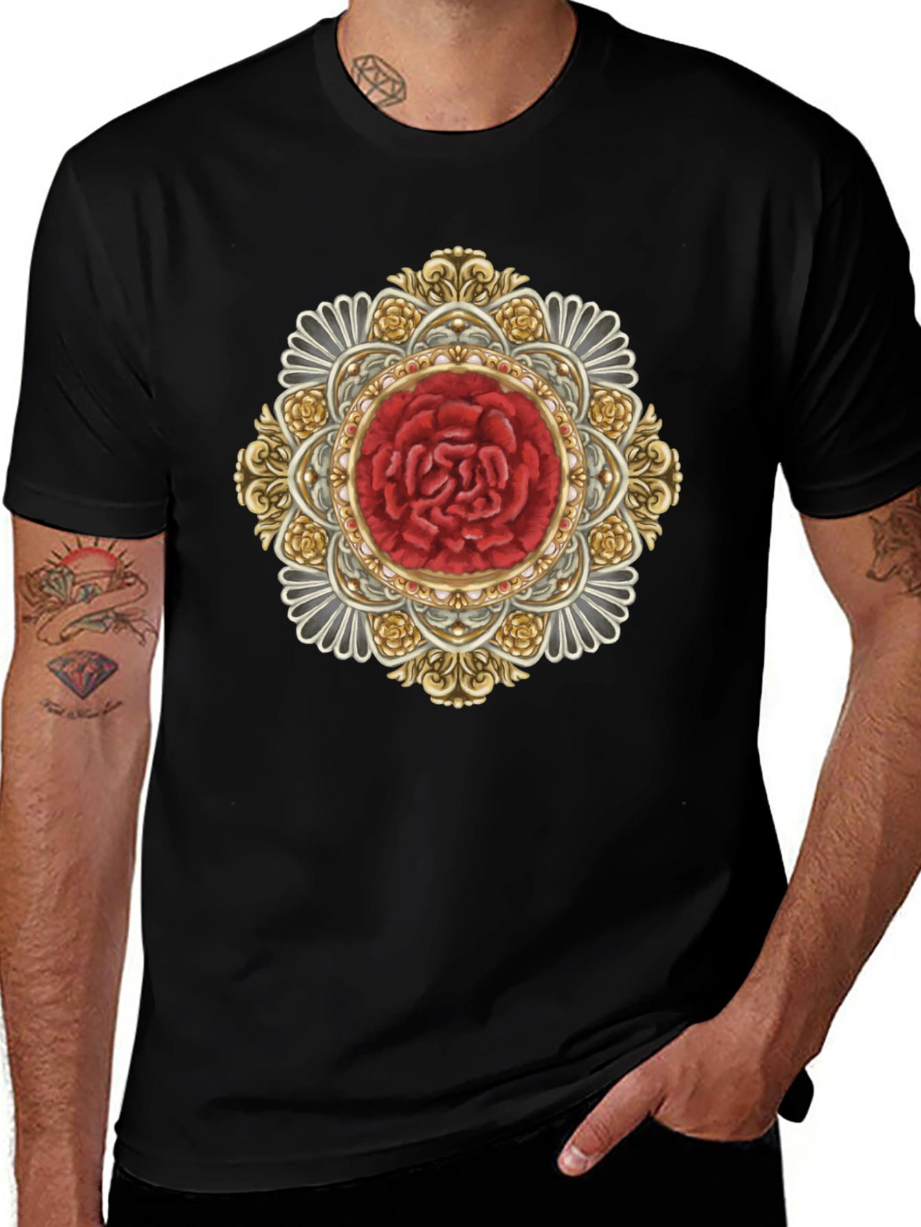 Ornate Rose Mandala Black T-Shirt