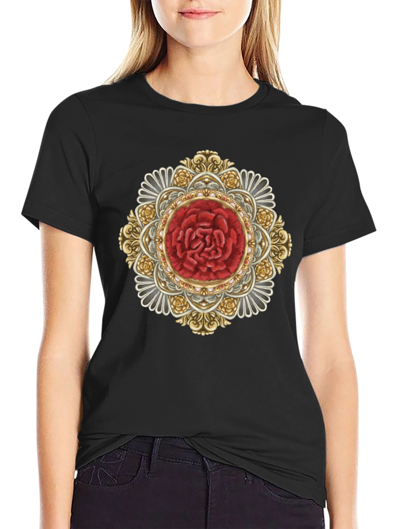 Ornate Rose Mandala Black T-Shirt