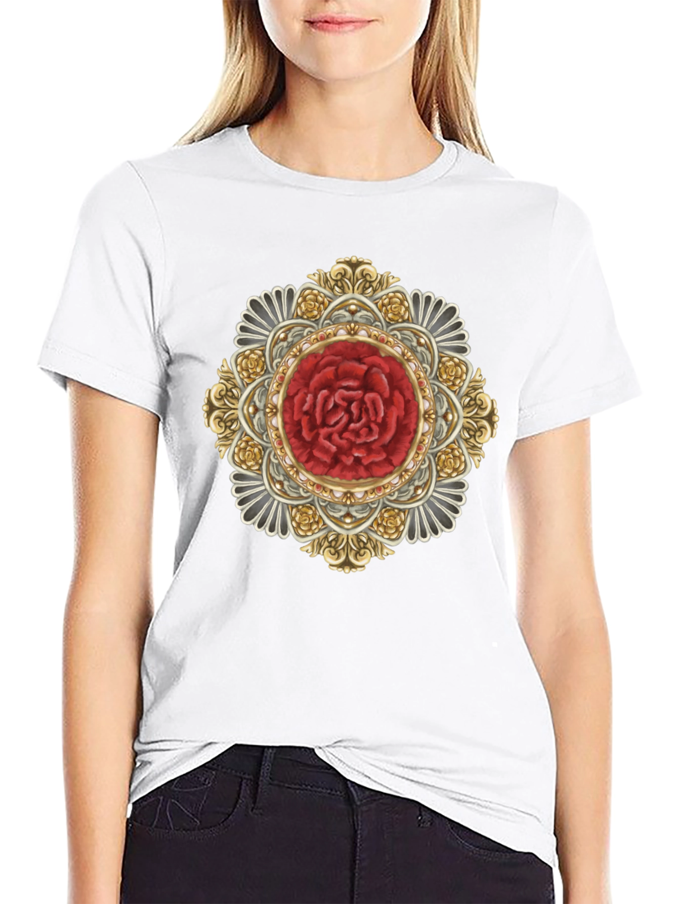 Ornate Rose Mandala Black T-Shirt