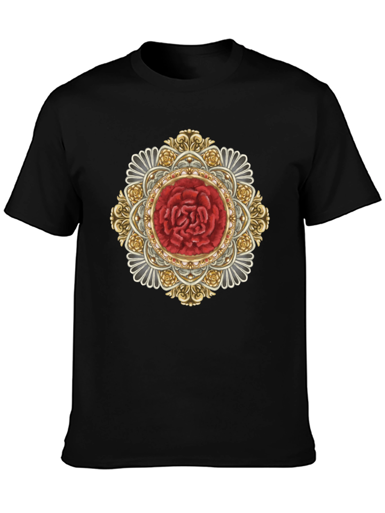 Ornate Rose Mandala Black T-Shirt