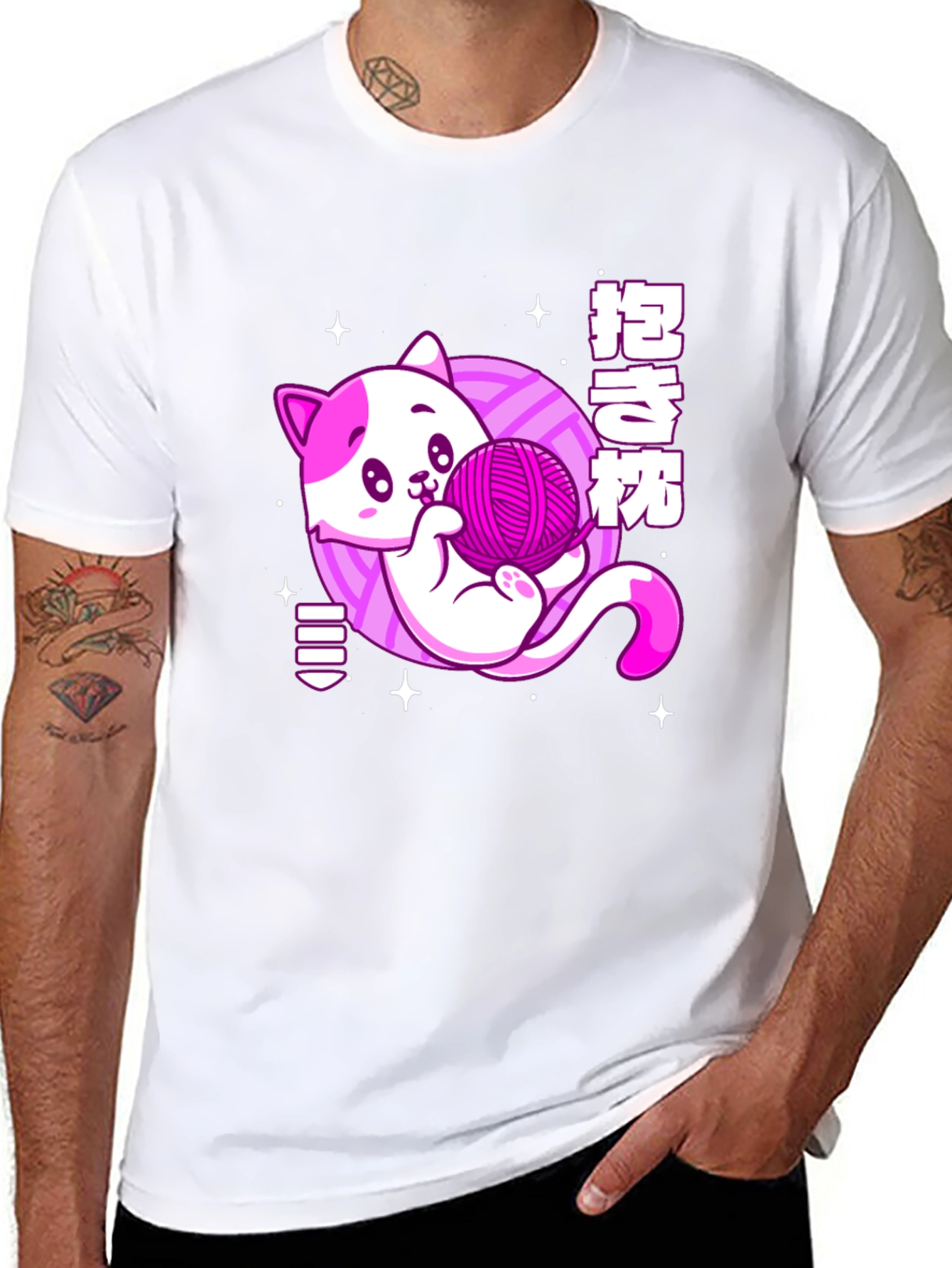 Kawaii Cat Yarn Ball Graphic Tee - Black