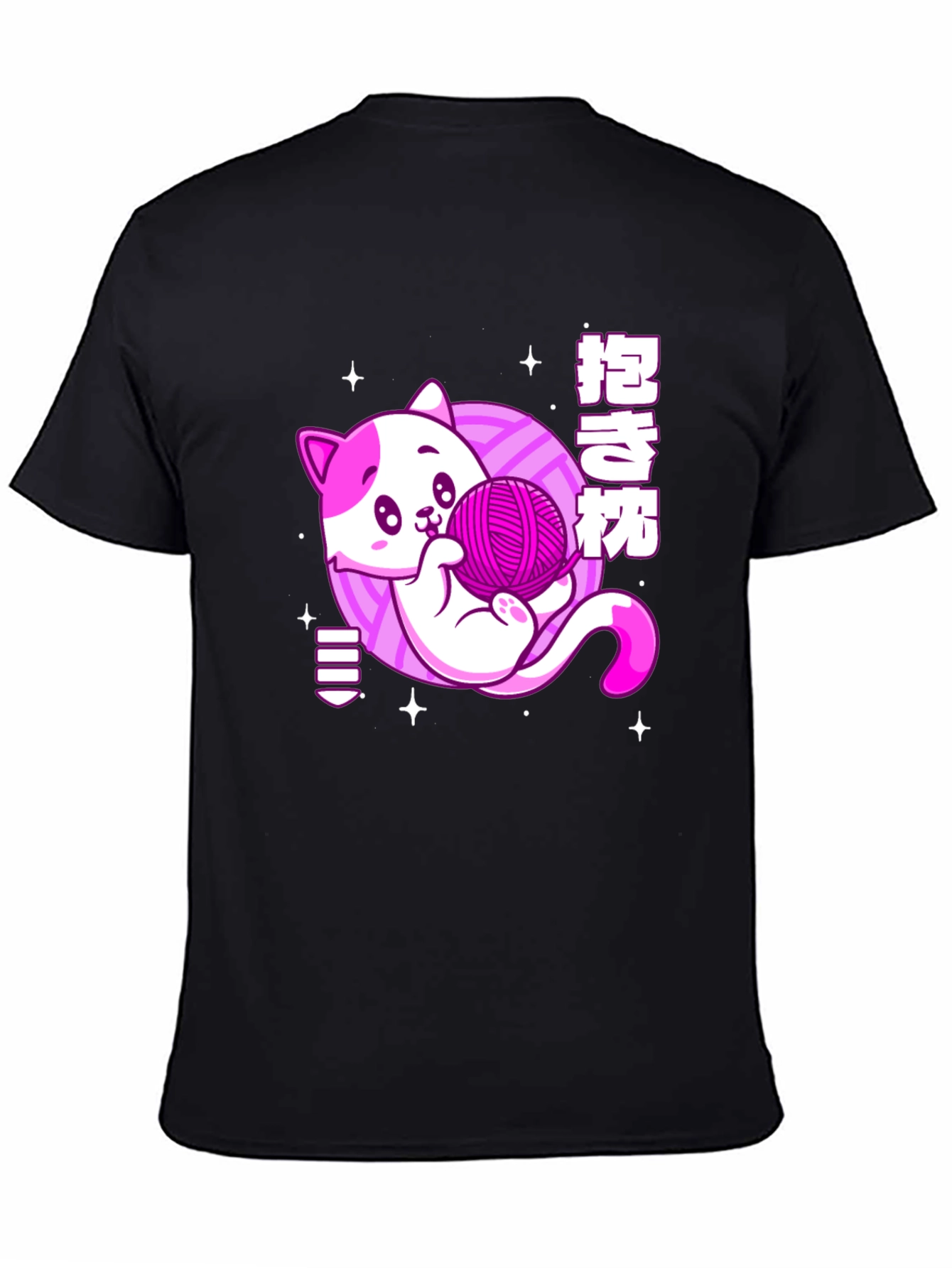Kawaii Cat Yarn Ball Graphic Tee - Black