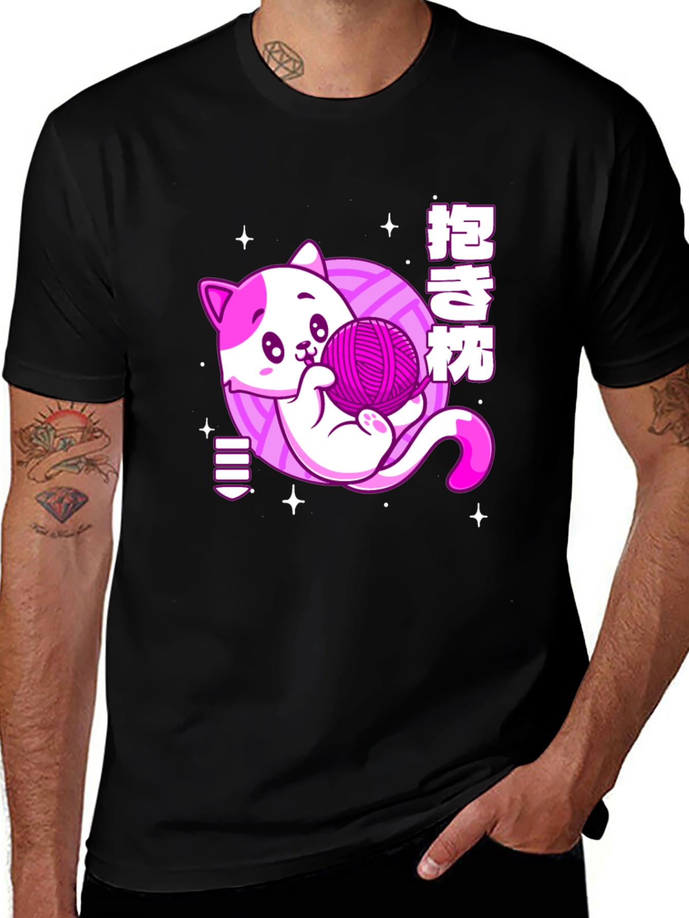 Kawaii Cat Yarn Ball Graphic Tee - Black