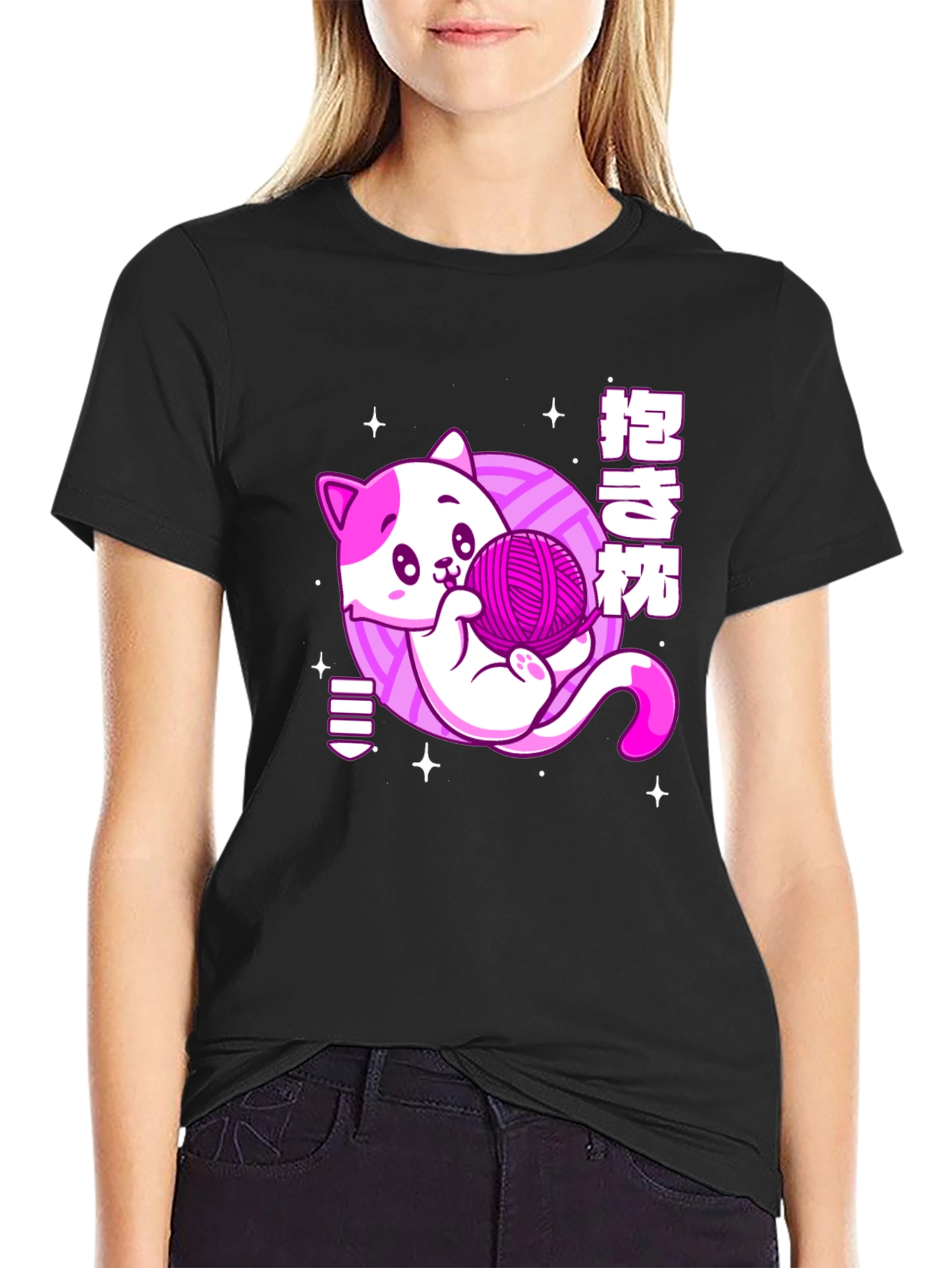 Kawaii Cat Yarn Ball Graphic Tee - Black