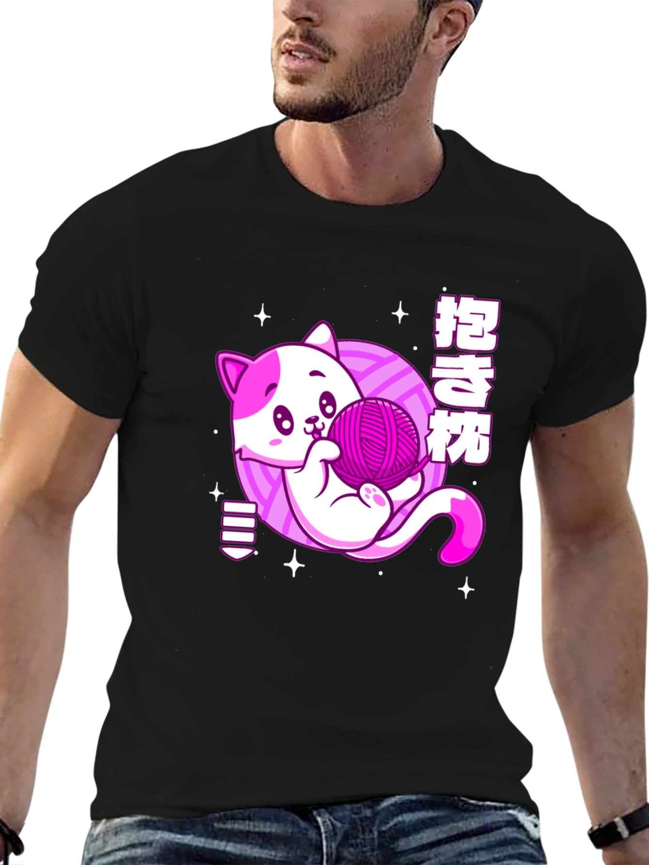 Kawaii Cat Yarn Ball Graphic Tee - Black