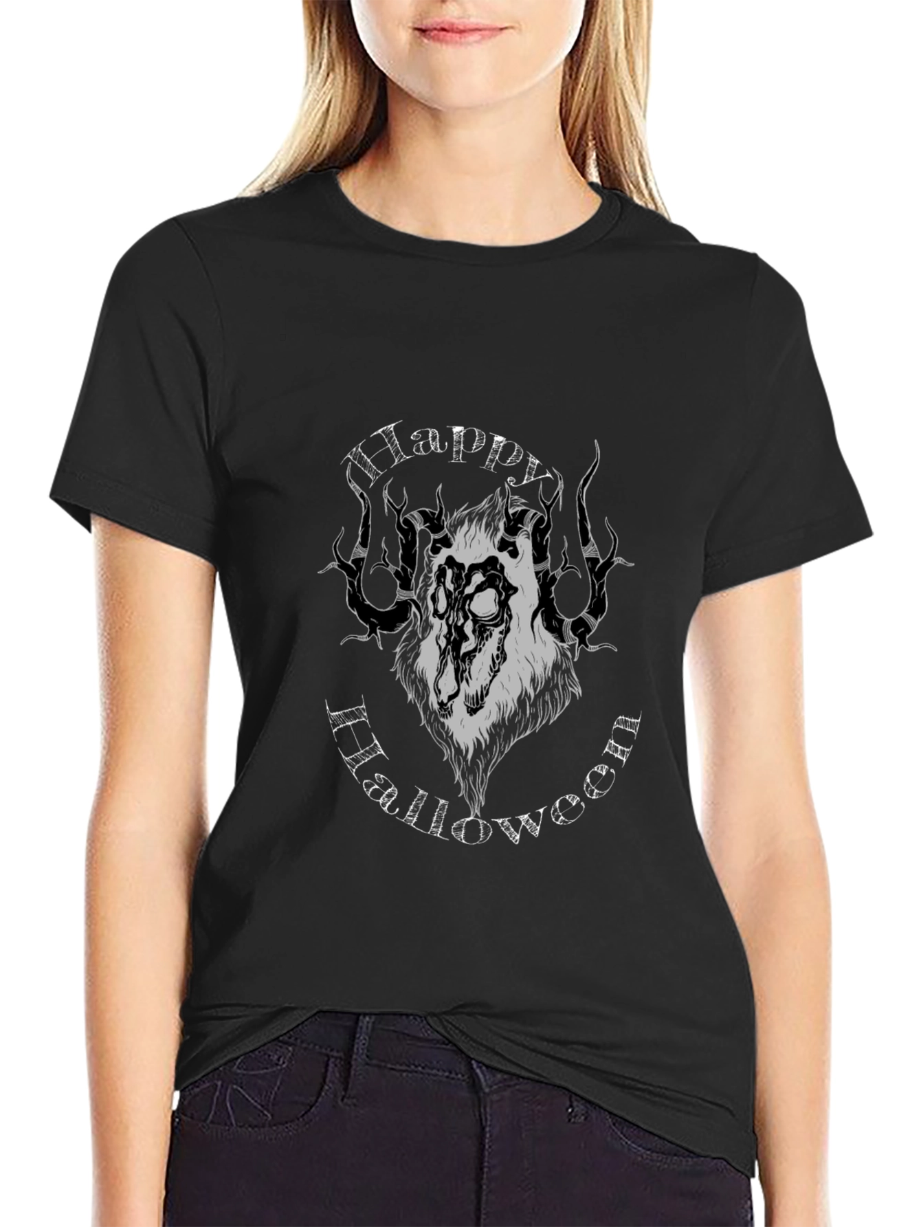Happy Halloween Wolf Graphic Tee - Black