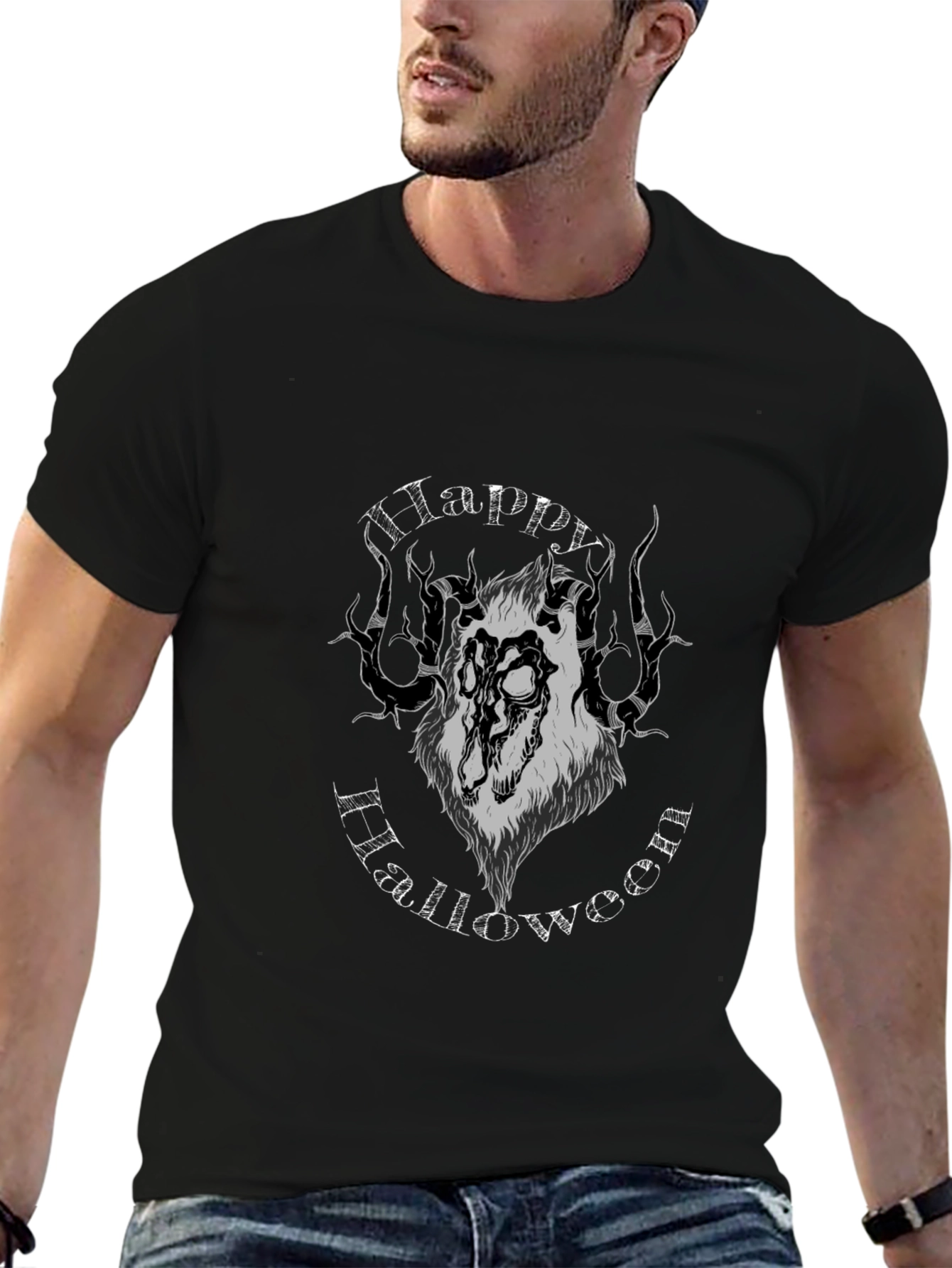 Happy Halloween Wolf Graphic Tee - Black