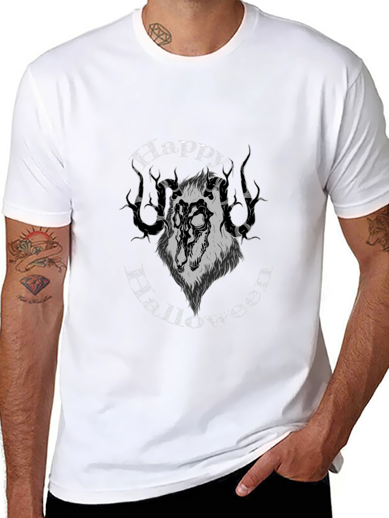 Happy Halloween Wolf Graphic Tee - Black
