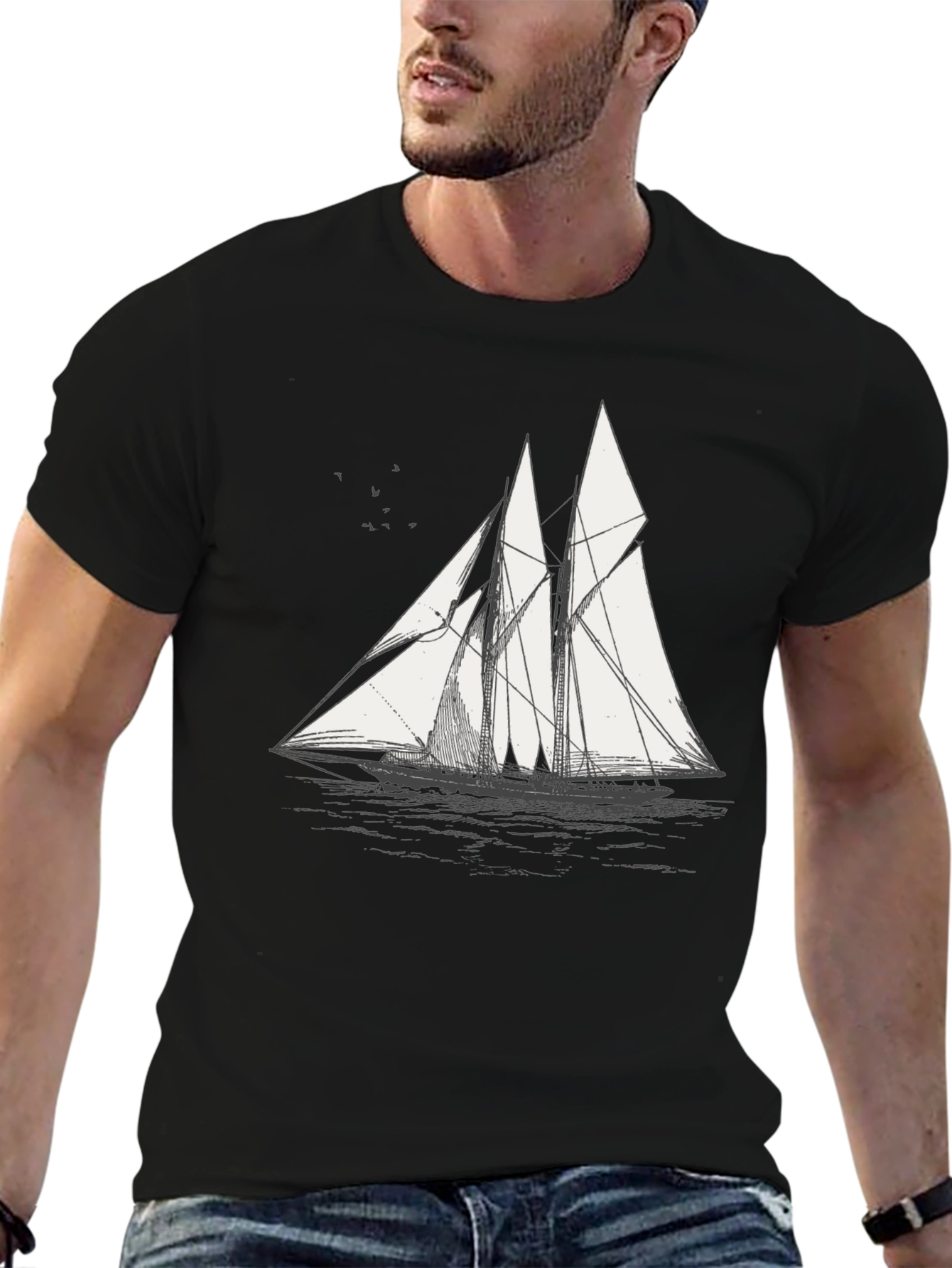 Black T-Shirt with Sailboat Print