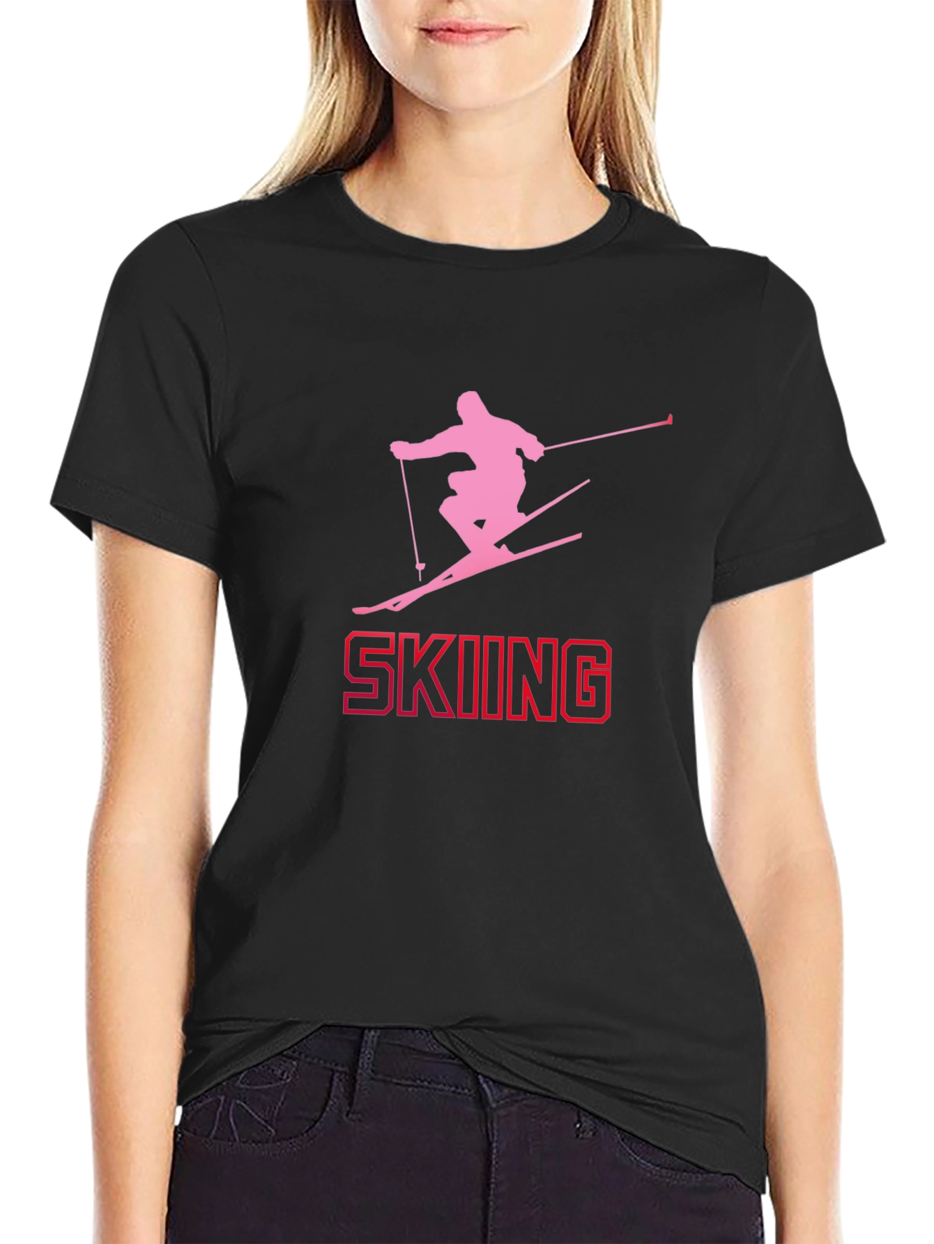 Skiing Silhouette Tee - Black Cotton Graphic T-Shirt