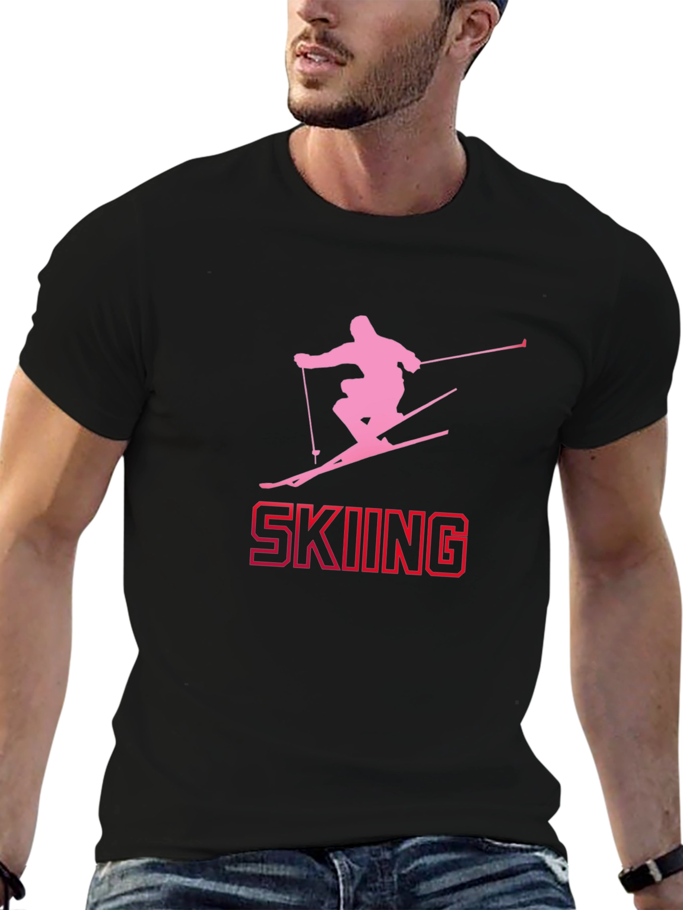 Skiing Silhouette Tee - Black Cotton Graphic T-Shirt