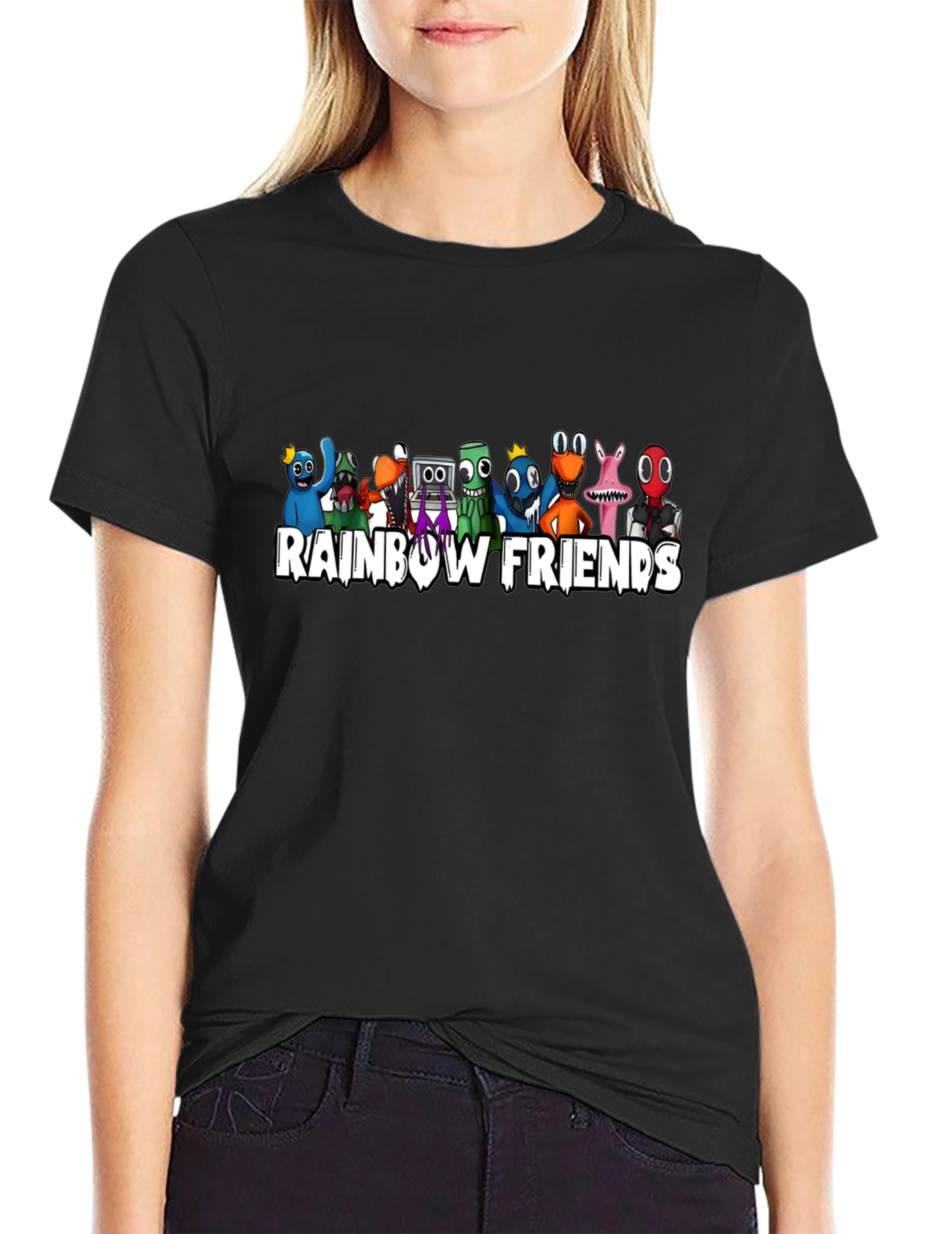 Rainbow Friends Graphic Print Black T-Shirt