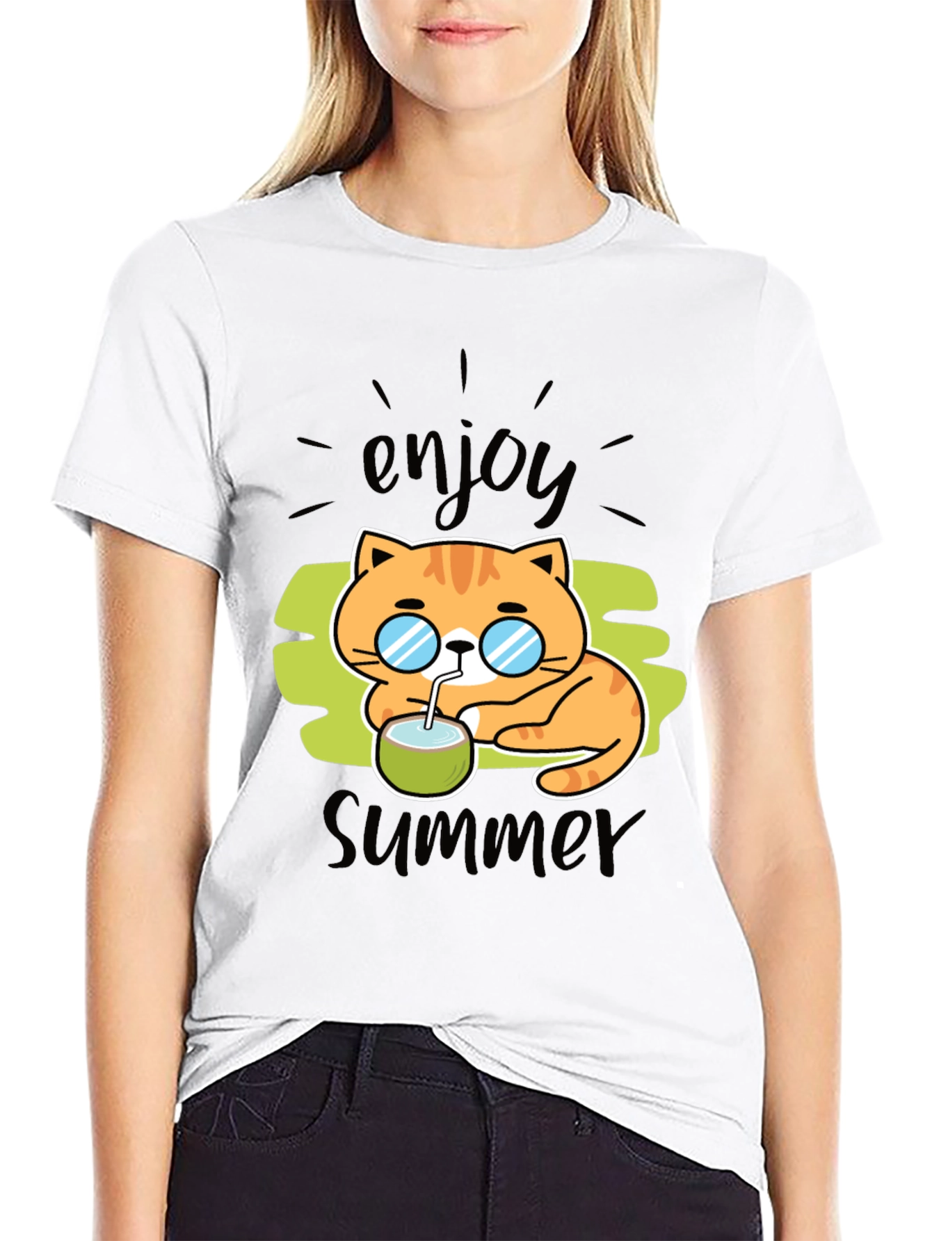 Enjoy Summer Cat Graphic T-Shirt - Black