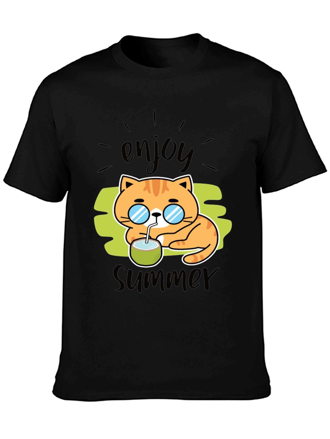 Enjoy Summer Cat Graphic T-Shirt - Black